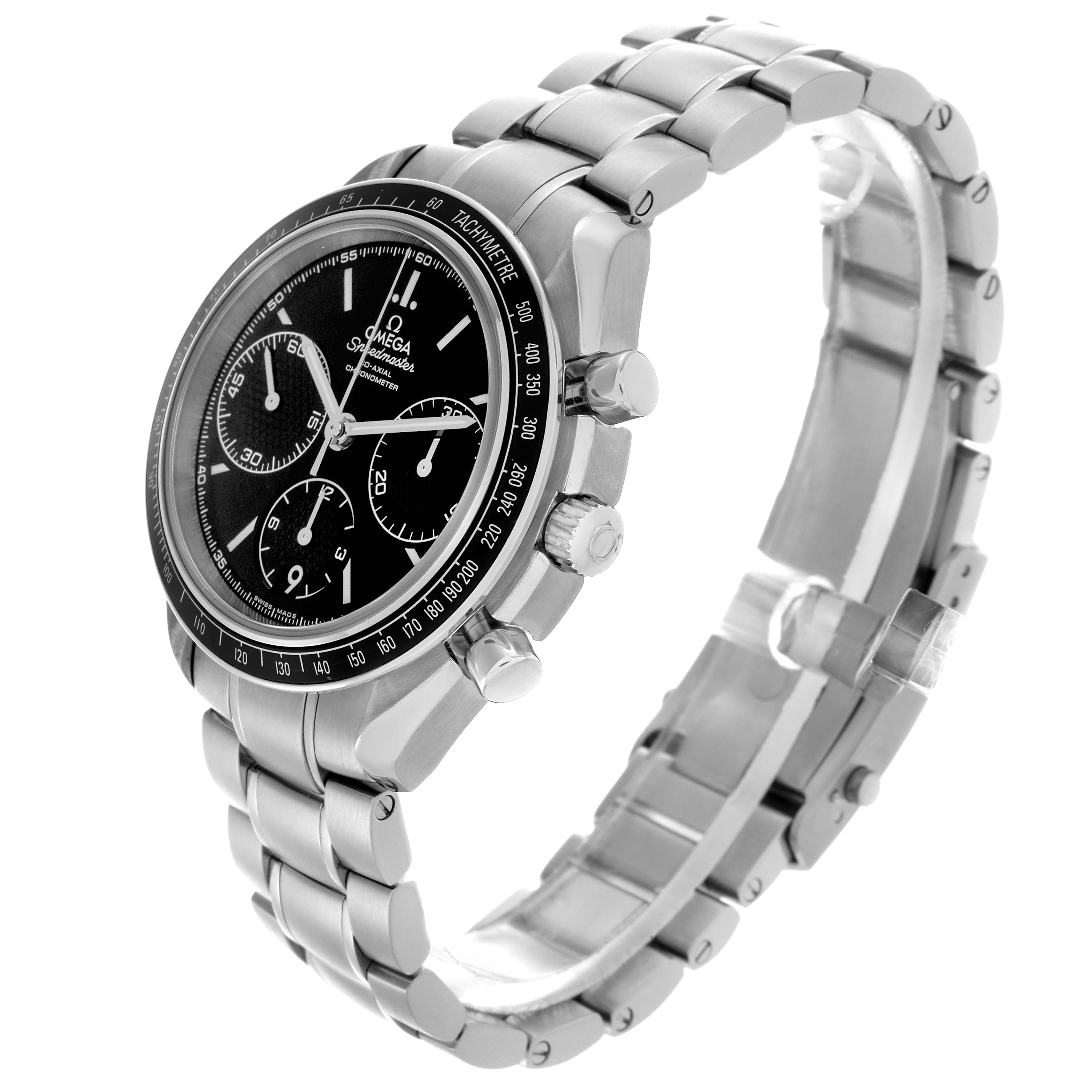 The Omega Speedmaster 326.30.40.50.01.001 Men
s Stainless Steel Black Dial 326.30.40.50.01.001 Men
s Stainless Steel Black Dial watch is shown at an angled side view, displaying its dial, bezel, pushers, and bracelet.