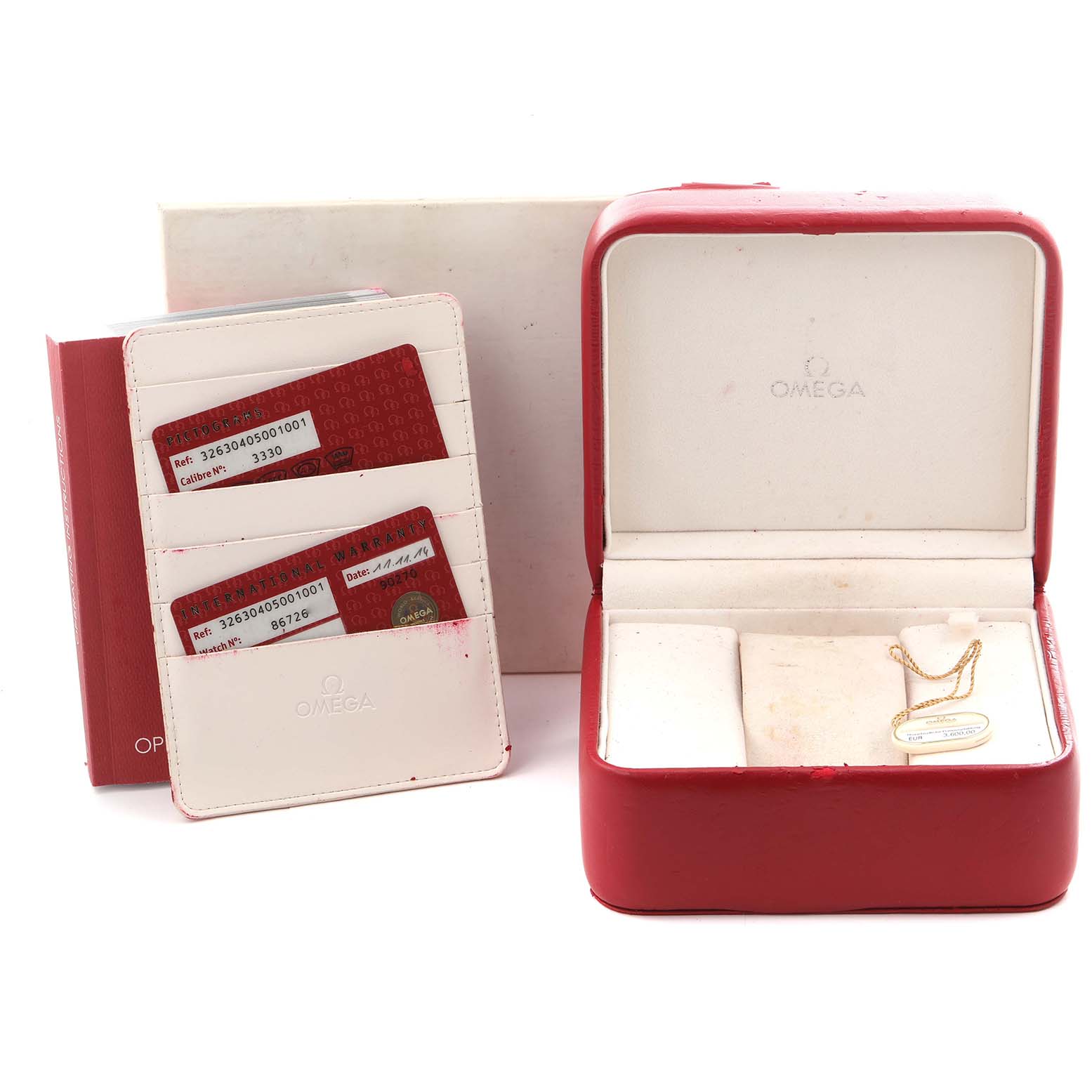 The image shows a red Omega Speedmaster 326.30.40.50.01.001 Men
s Stainless Steel Black Dial 326.30.40.50.01.001 Men
s Stainless Steel Black Dial watch box and cardholder with Best Quality
ation cards and tags.