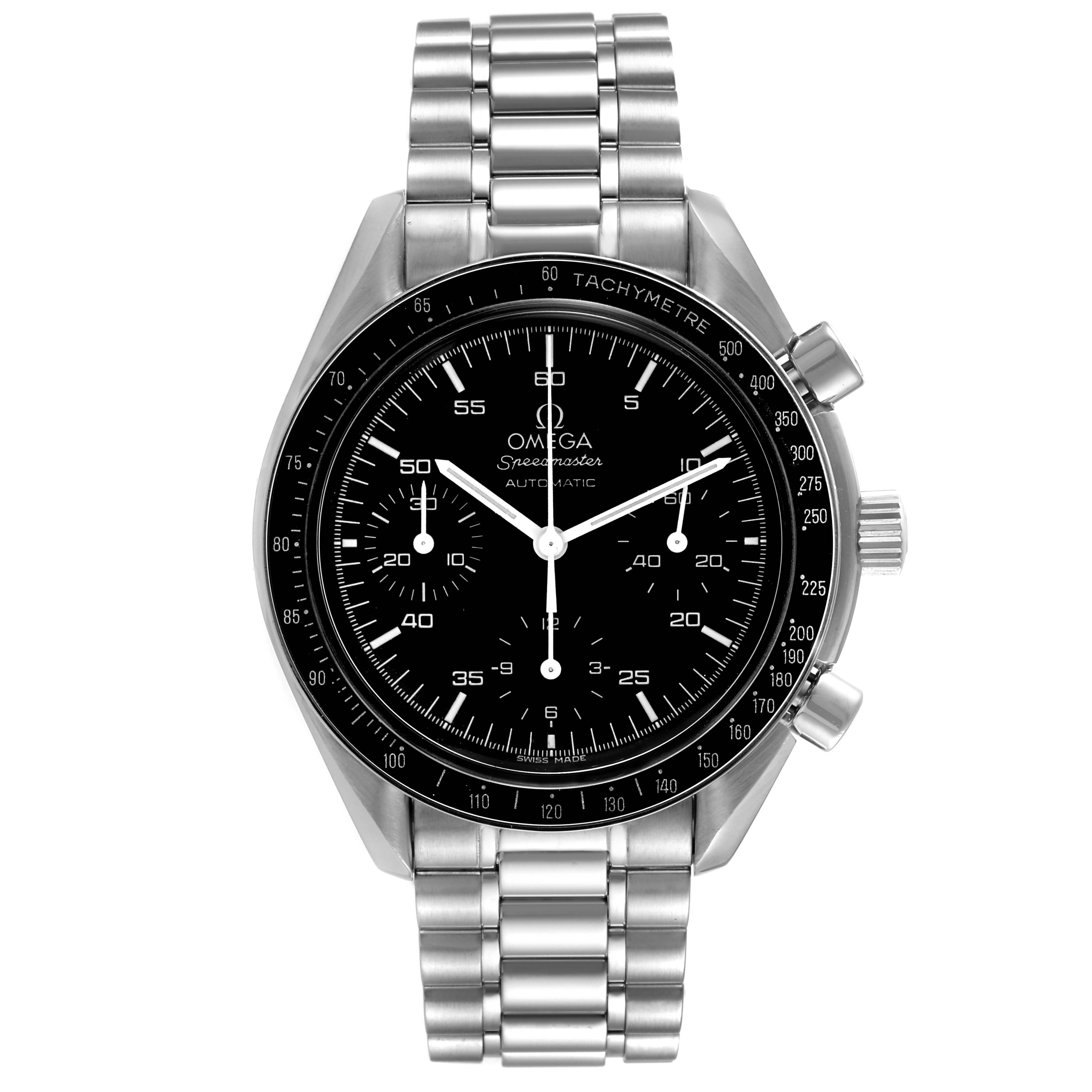 This image shows a front view of the Omega Speedmaster 3510.50.00 Men's Stainless Steel Black Dial 3510.50.00 Men's Stainless Steel Black Dial watch, including the dial, bezel, crown, and metal bracelet.