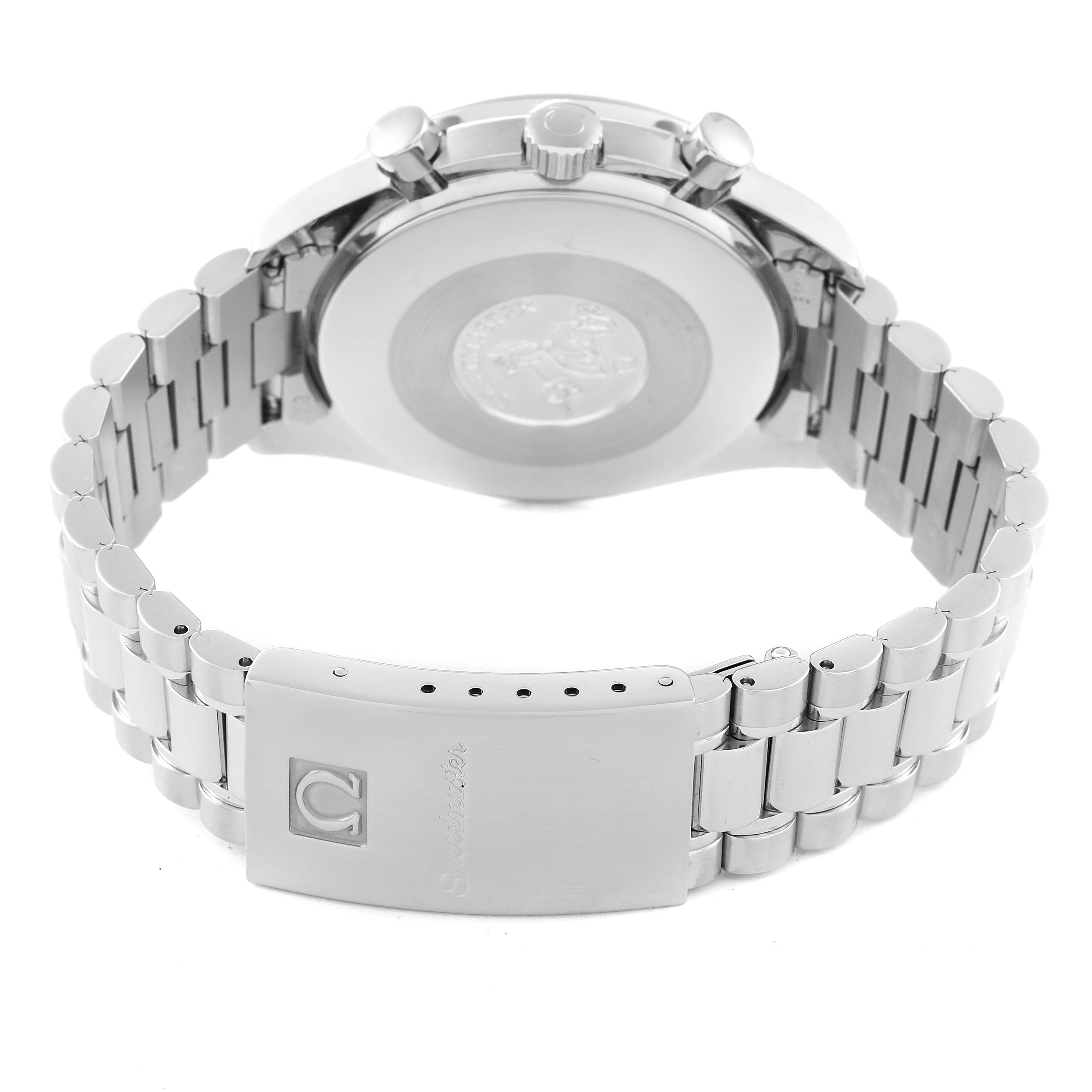 The image shows the back view of an Omega Speedmaster 3510.50.00 Men's Stainless Steel Black Dial 3510.50.00 Men's Stainless Steel Black Dial watch, highlighting the case back, bracelet, and clasp.