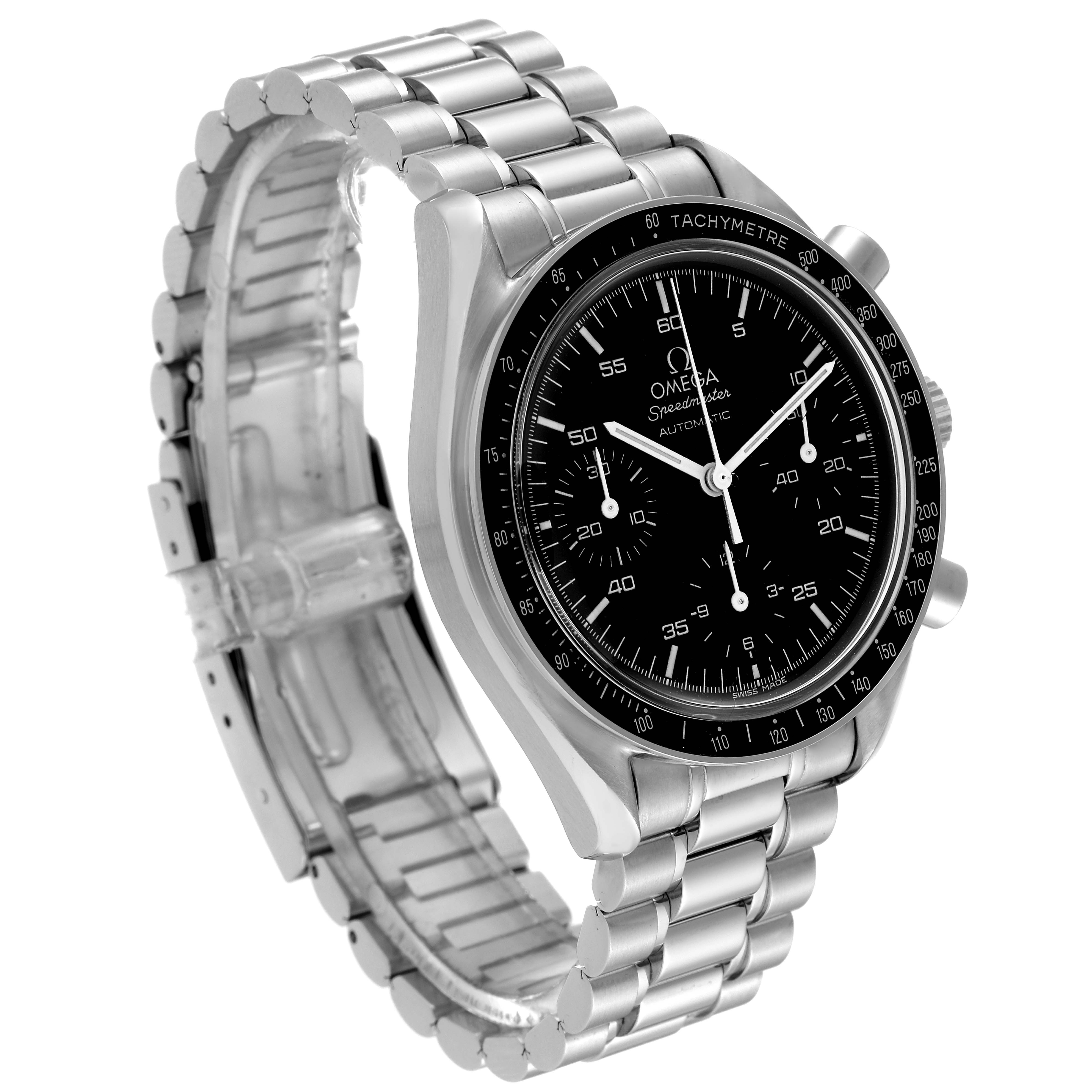 The image shows an angled view of the Omega Speedmaster 3510.50.00 Men's Stainless Steel Black Dial 3510.50.00 Men's Stainless Steel Black Dial watch, focusing on the dial, case, and bracelet.