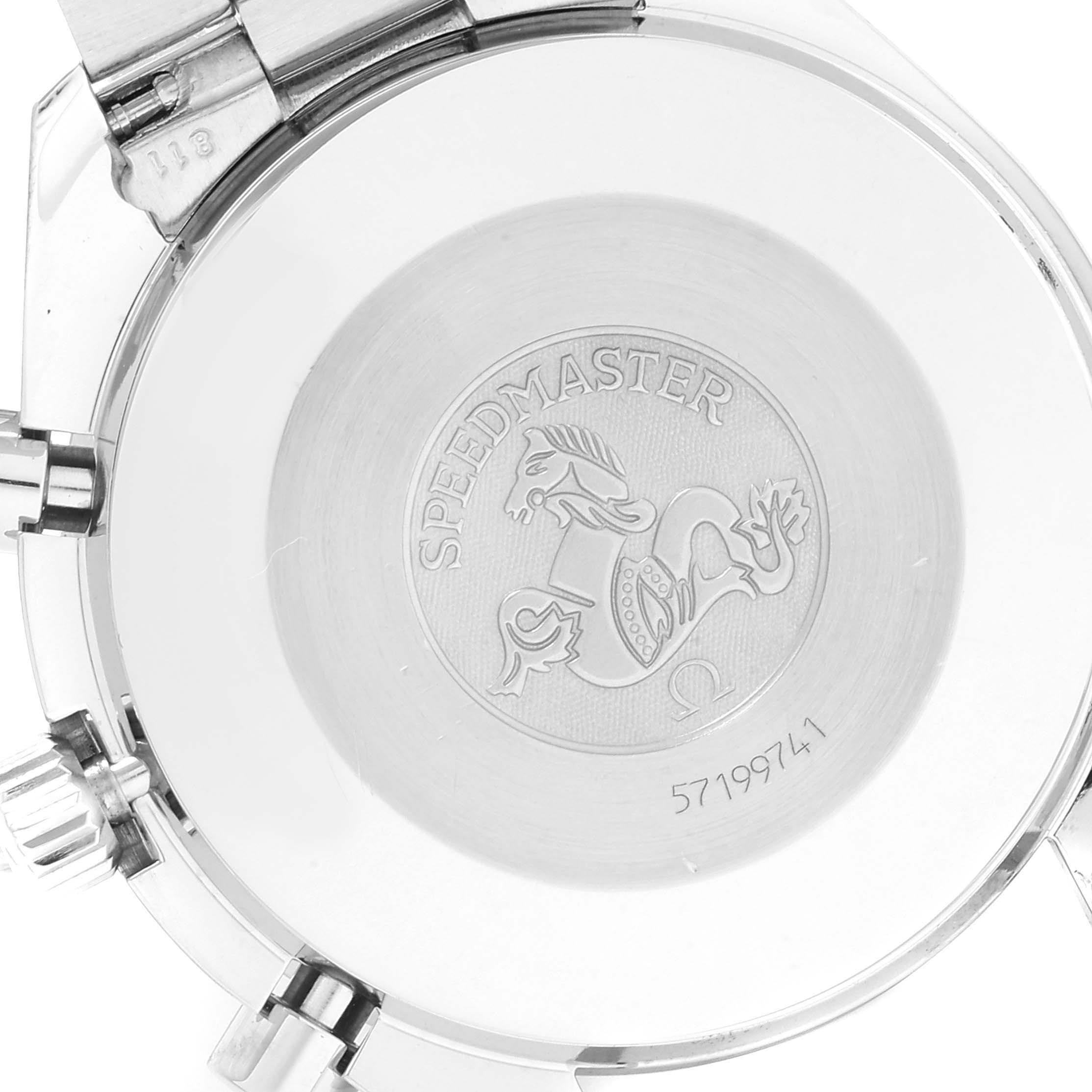 This image shows the back case of an Omega Speedmaster 3510.50.00  Men
s Stainless Steel Black Dial 3510.50.00  Men
s Stainless Steel Black Dial watch, highlighting the engraving and part of the bracelet.