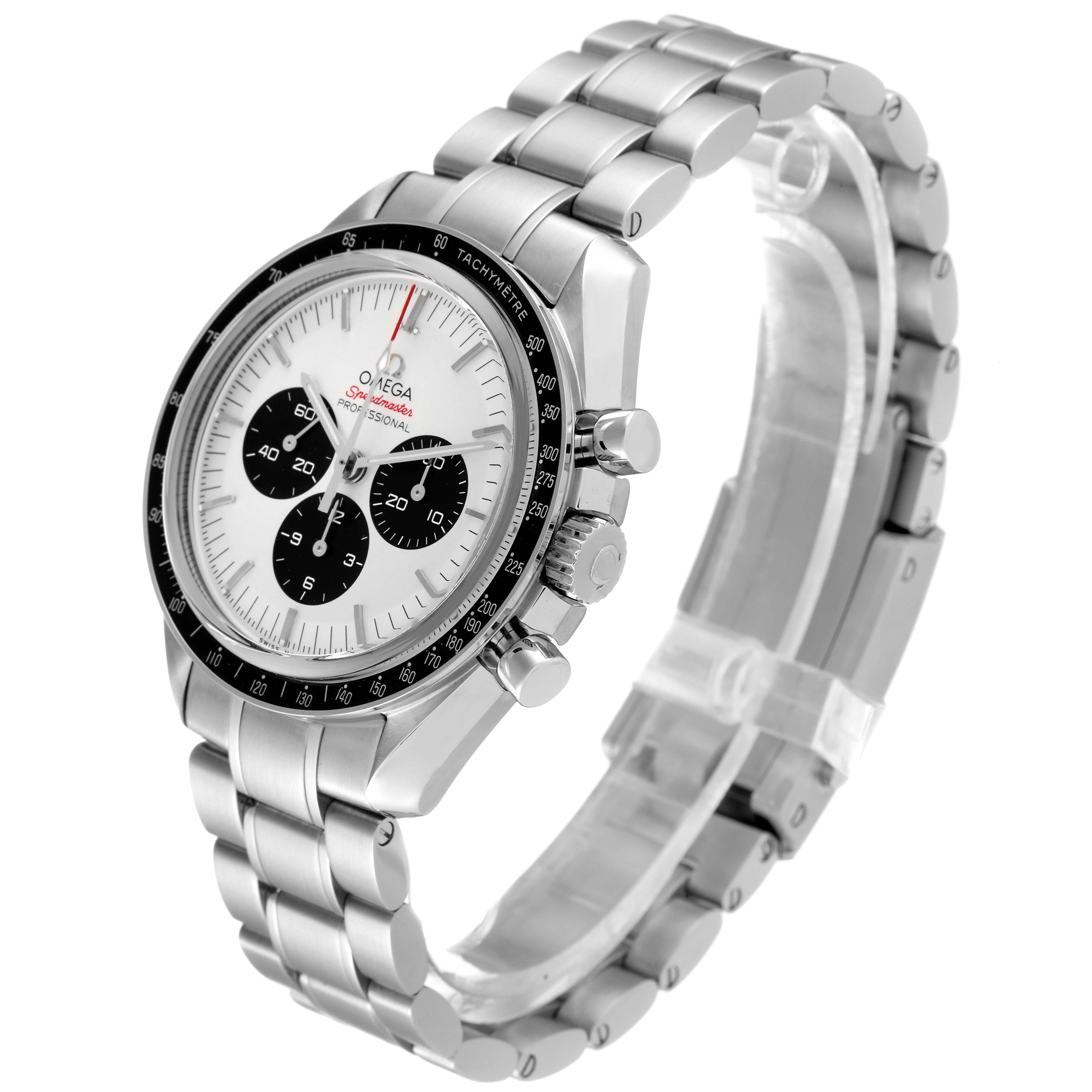 The Omega Speedmaster 522.30.42.30.04.001 Men's Stainless Steel White Dial 522.30.42.30.04.001 Men's Stainless Steel White Dial watch is shown at a three-quarter angle displaying the face, bezel, pushers, and stainless steel bracelet.