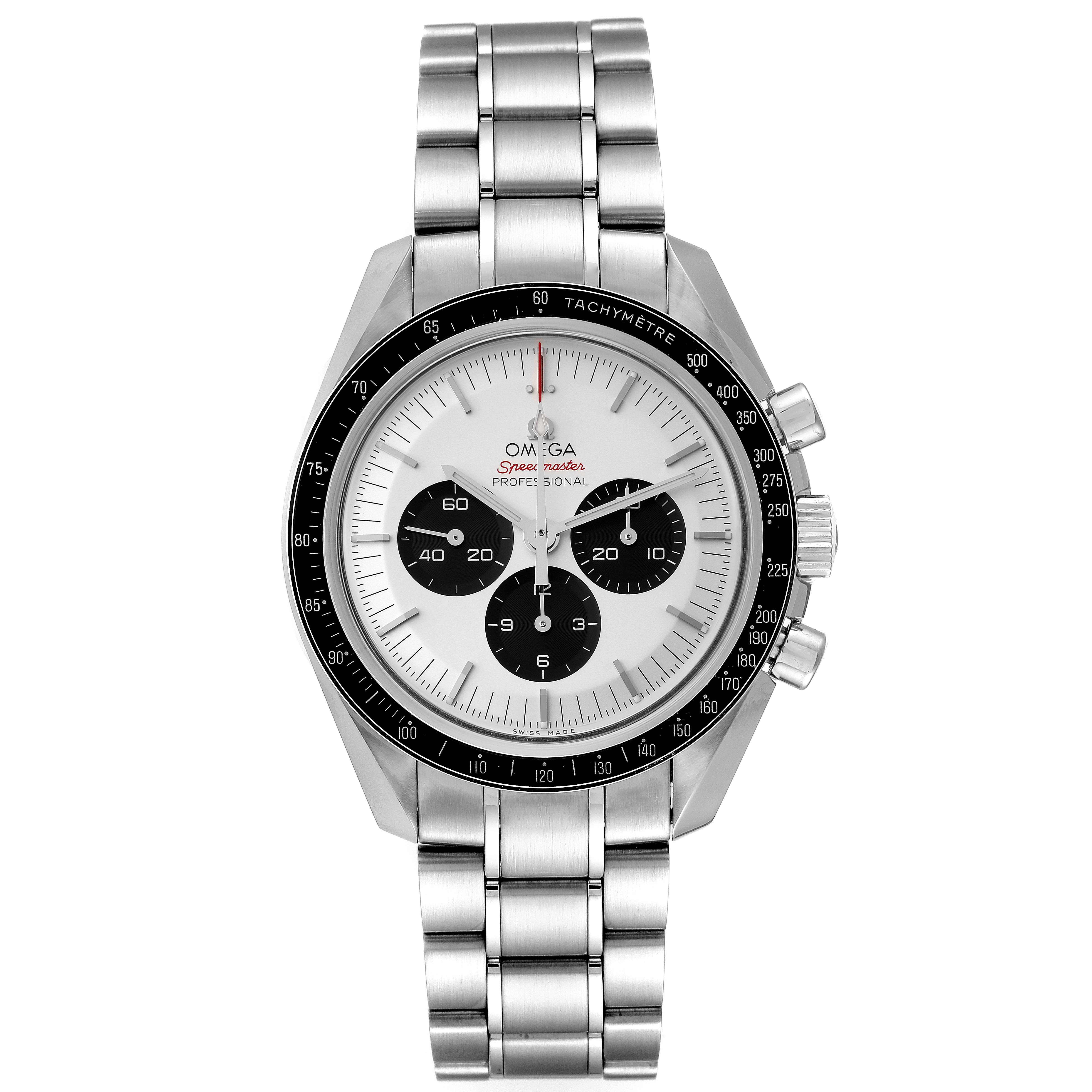 The image shows a front view of an Omega Speedmaster 522.30.42.30.04.001 Men's Stainless Steel White Dial 522.30.42.30.04.001 Men's Stainless Steel White Dial watch, highlighting its dial, bezel, and stainless steel bracelet.