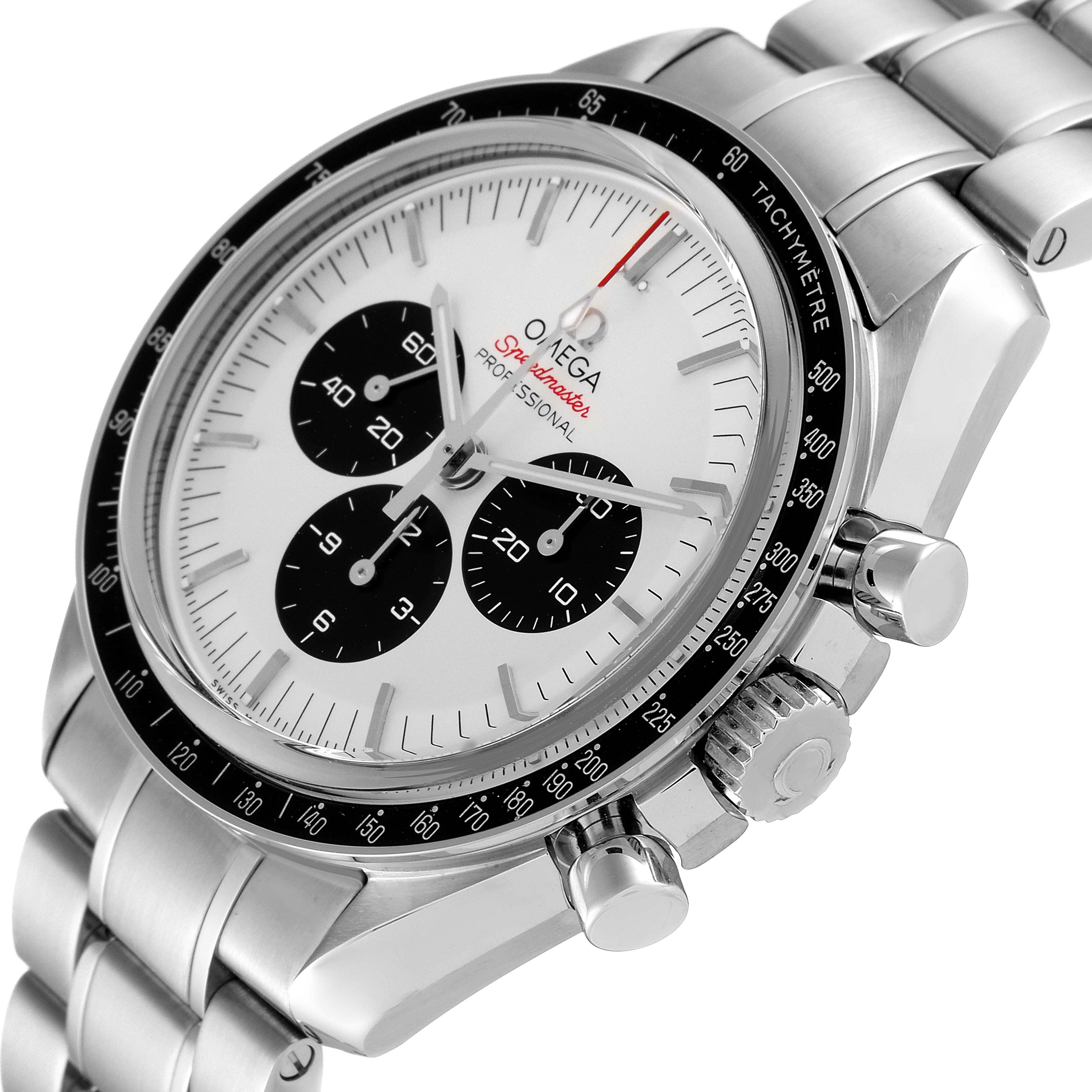 The image shows an angled view of the Omega Speedmaster 522.30.42.30.04.001 Men's Stainless Steel White Dial 522.30.42.30.04.001 Men's Stainless Steel White Dial watch, highlighting the dial, bezel, crown, and pushers.