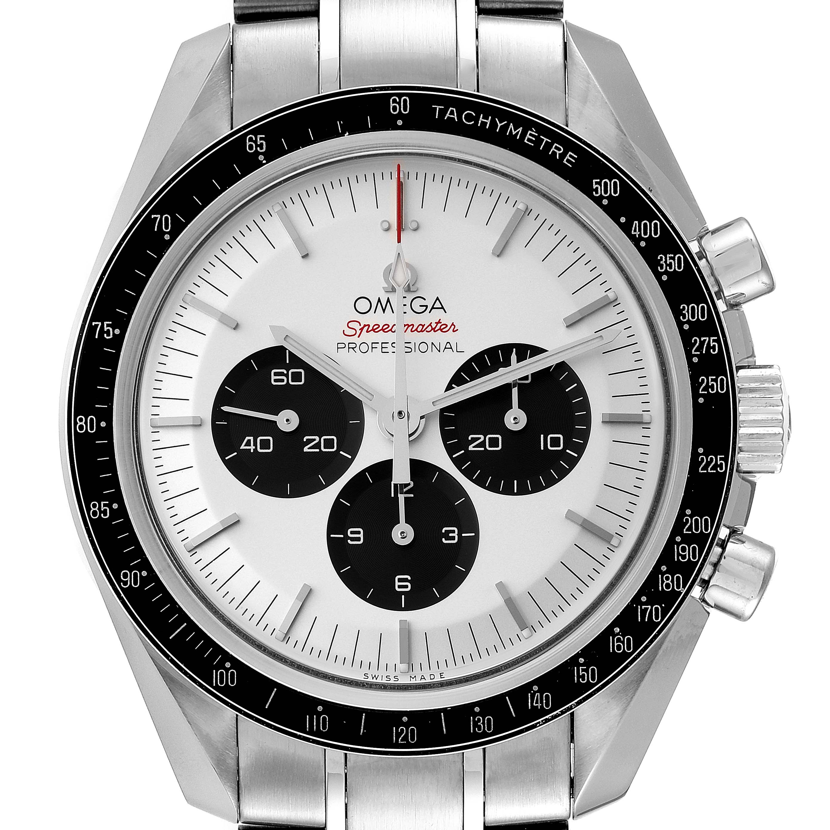 The image shows a front view of an Omega Speedmaster 522.30.42.30.04.001 Men's Stainless Steel White Dial 522.30.42.30.04.001 Men's Stainless Steel White Dial watch, displaying its dial, bezel, and stainless steel bracelet.