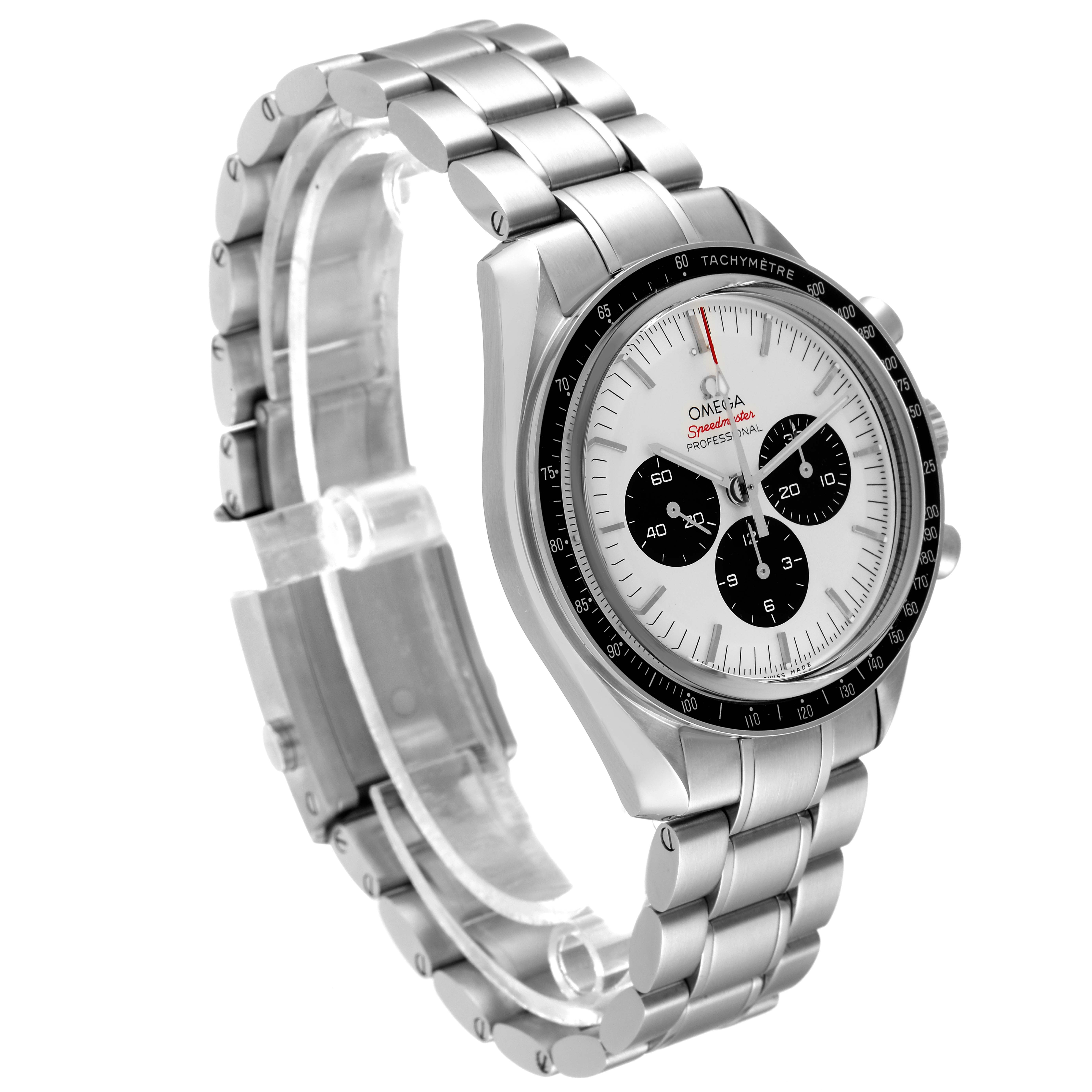 The Omega Speedmaster 522.30.42.30.04.001 Men's Stainless Steel White Dial 522.30.42.30.04.001 Men's Stainless Steel White Dial watch is shown at a three-quarter angle, displaying its face, bracelet, and tachymeter bezel.