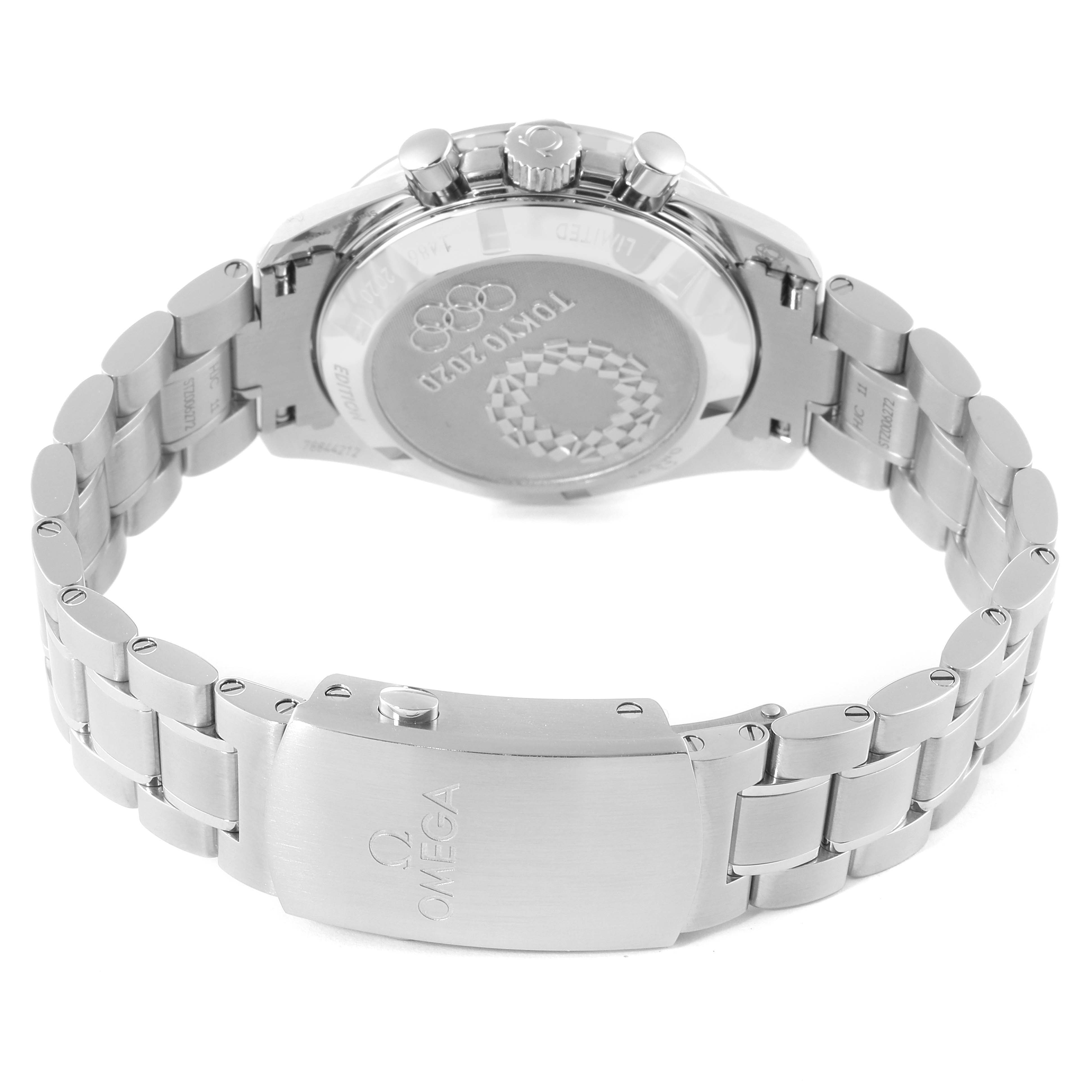 This image shows the back view and clasp of the Omega Speedmaster 522.30.42.30.04.001 Men's Stainless Steel White Dial 522.30.42.30.04.001 Men's Stainless Steel White Dial watch, highlighting the Tokyo 2020 engraving and metal bracelet.