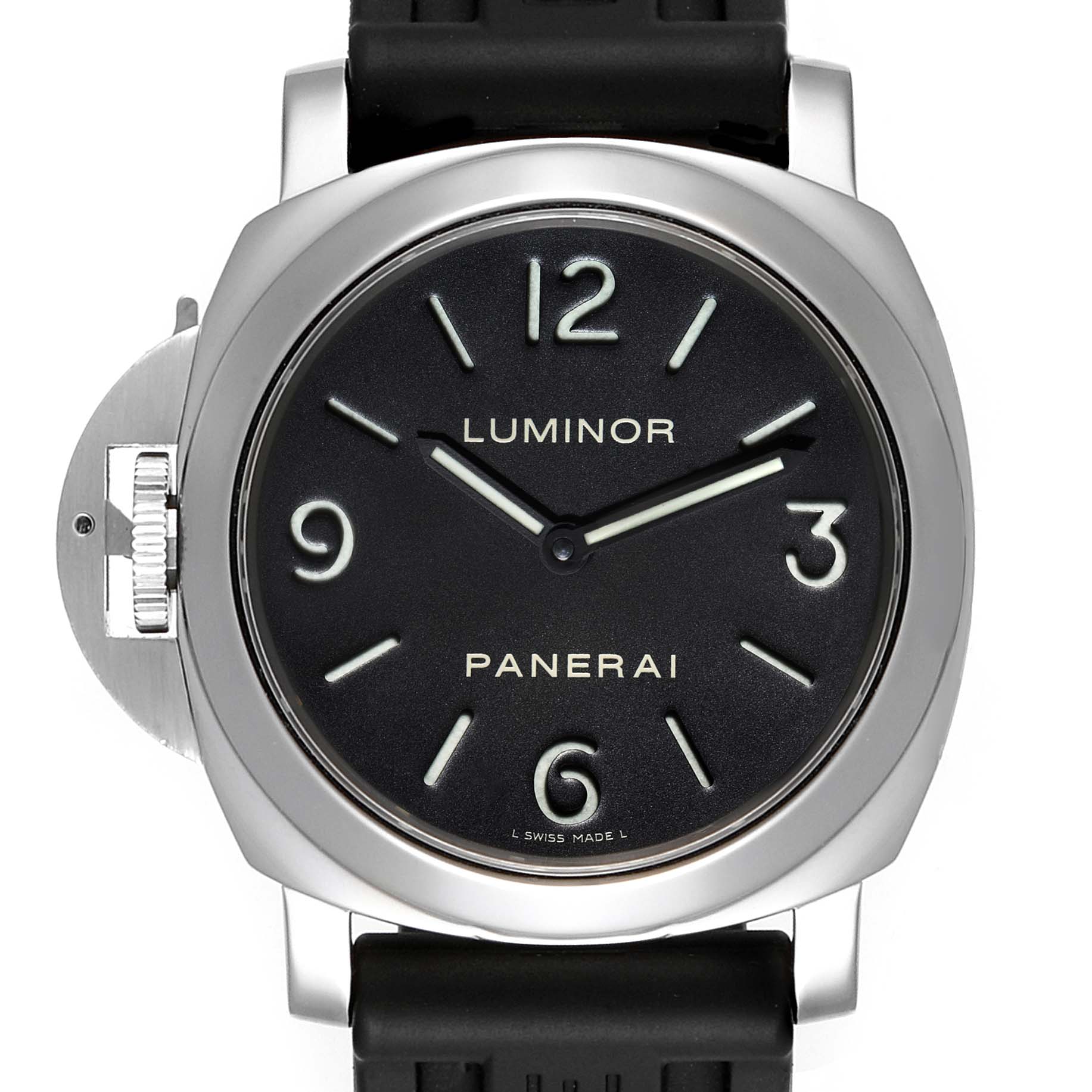 The image shows a front view of a Panerai Luminor PAM00219 Men's Stainless Steel Black Dial PAM00219 Men's Stainless Steel Black Dial watch, highlighting its dial, crown guard, and rubber strap.