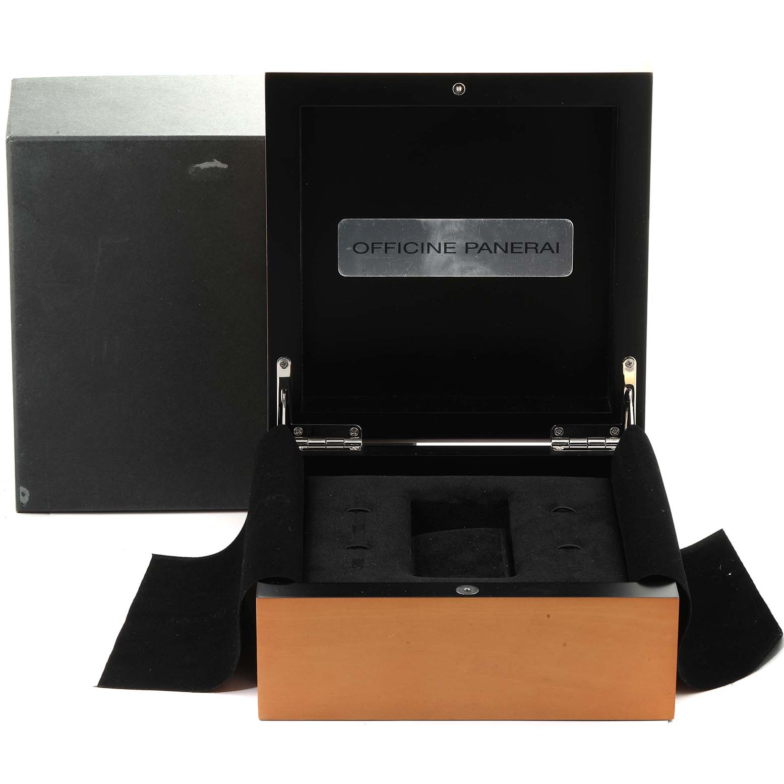 The image shows an open box for a Panerai Luminor PAM00219 Men's Stainless Steel Black Dial PAM00219 Men's Stainless Steel Black Dial watch, displaying its interior compartments and the "Officine Panerai" label.