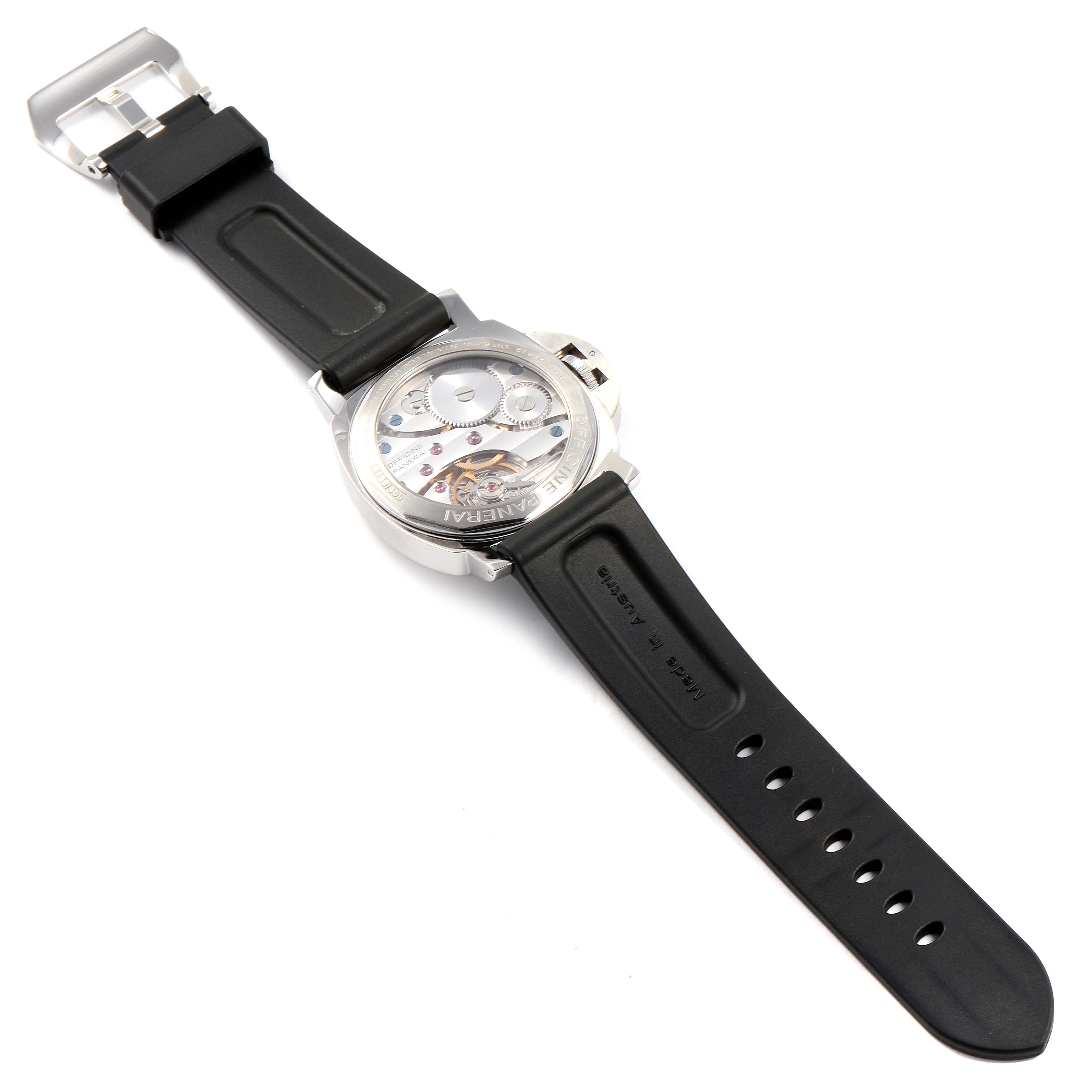 The image displays the back of the Panerai Luminor PAM00219 Men's Stainless Steel Black Dial PAM00219 Men's Stainless Steel Black Dial watch, showcasing its transparent case back and black rubber strap.