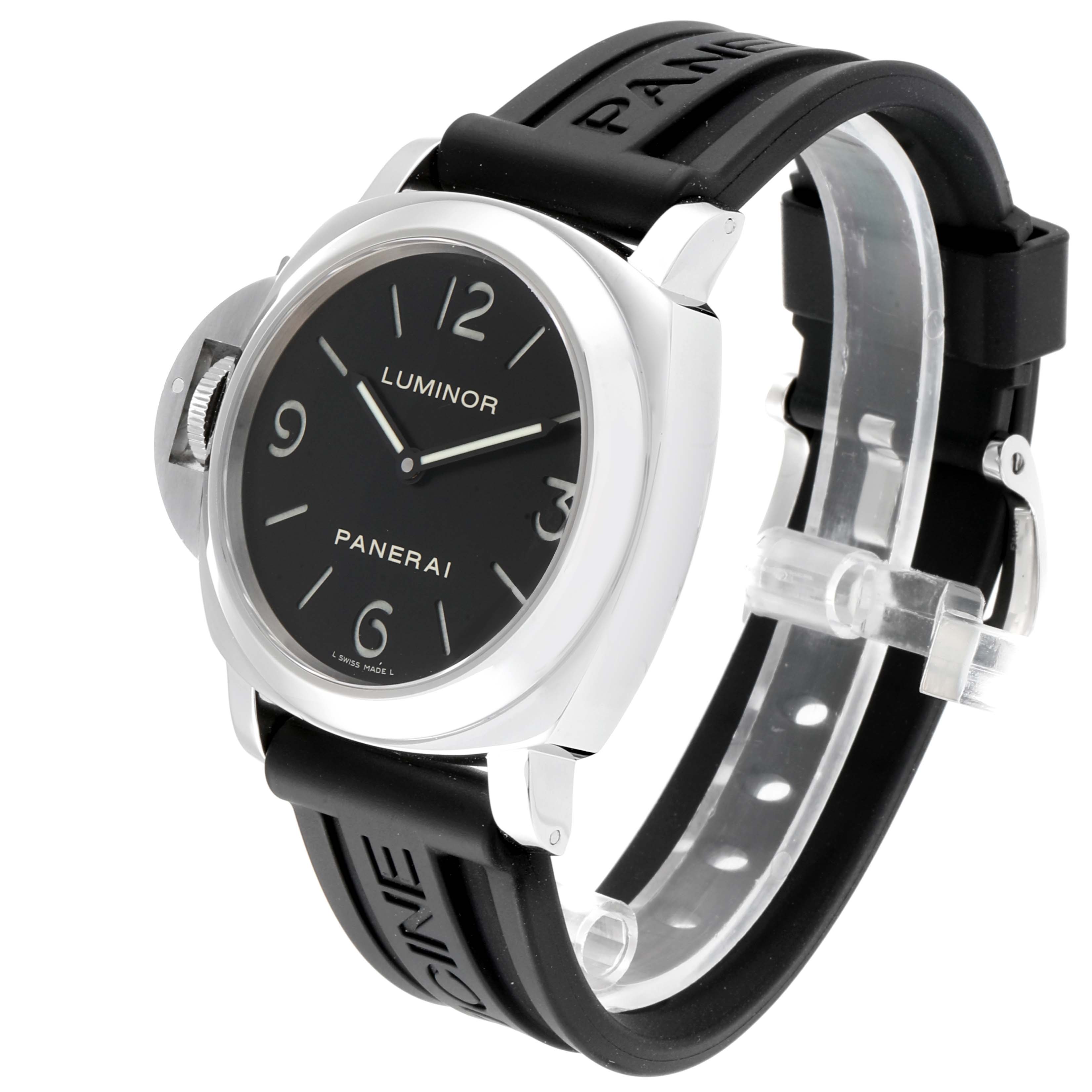 The image shows a Panerai Luminor PAM00219 Men's Stainless Steel Black Dial PAM00219 Men's Stainless Steel Black Dial watch at an oblique angle highlighting its black dial, rubber strap, and prominent crown guard.
