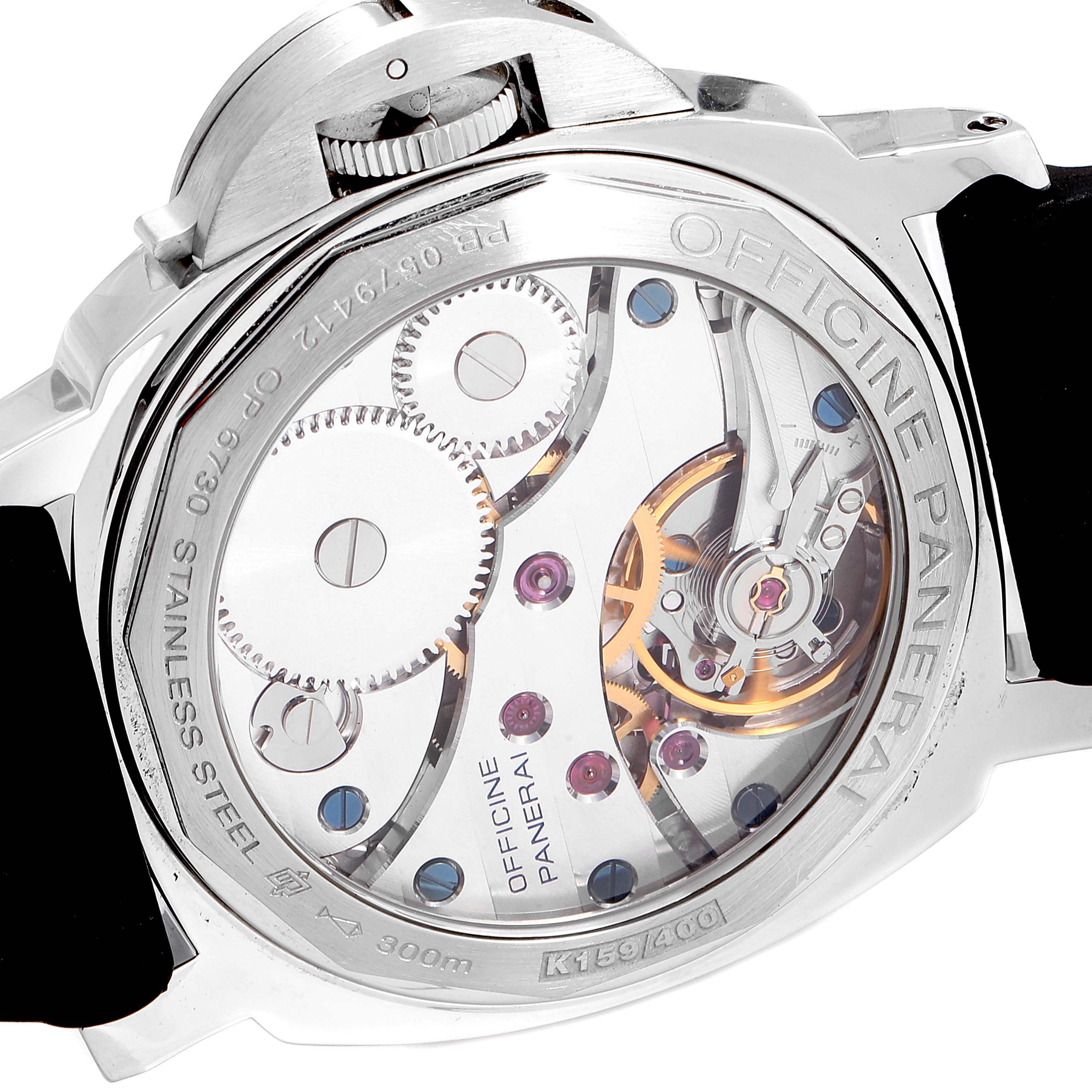 This image shows the detailed back view of the Panerai Luminor PAM00219 Men's Stainless Steel Black Dial PAM00219 Men's Stainless Steel Black Dial watch, highlighting its internal mechanics.