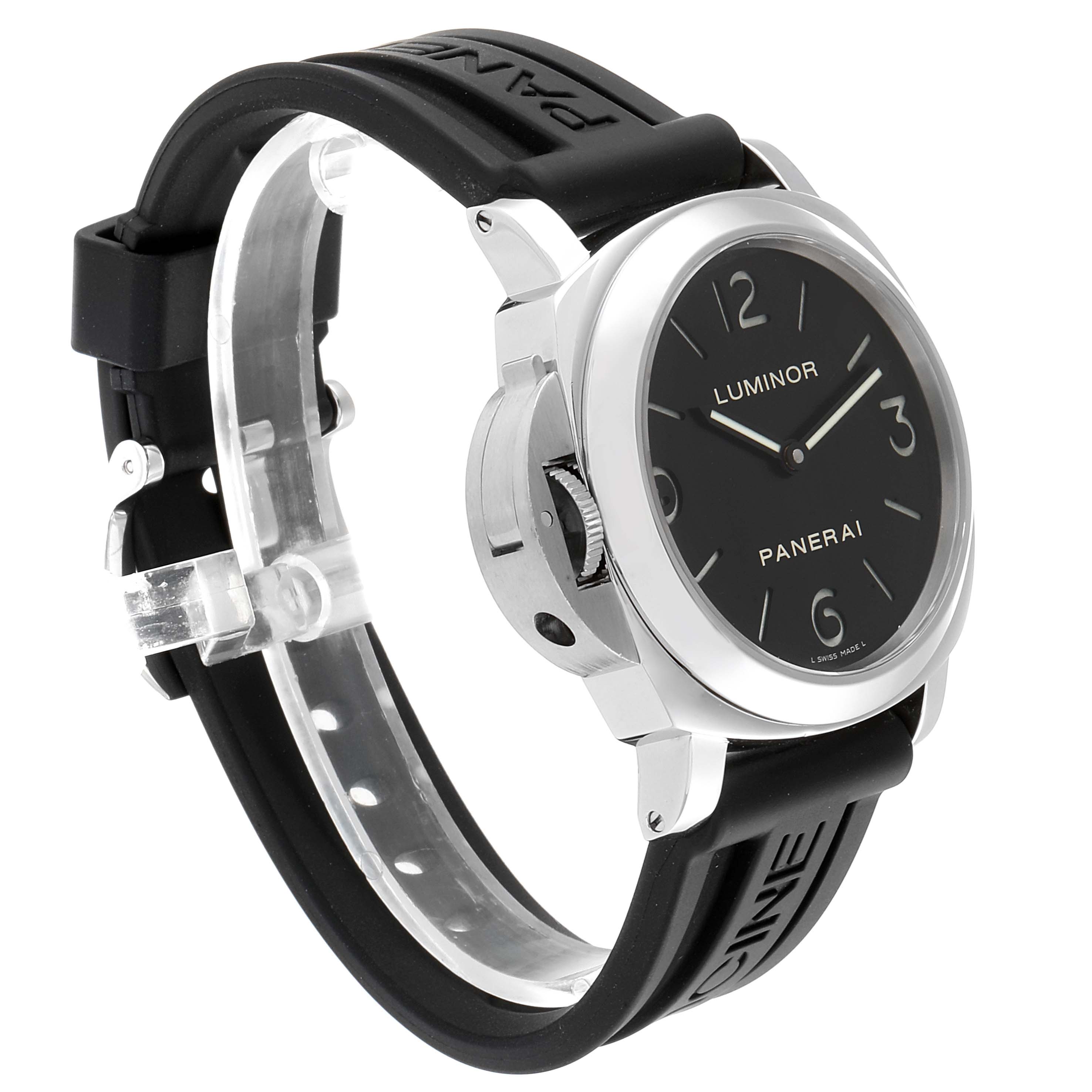 The image shows a Panerai Luminor PAM00219 Men's Stainless Steel Black Dial PAM00219 Men's Stainless Steel Black Dial watch at a three-quarter angle, highlighting its case, dial, crown guard, and black rubber strap.