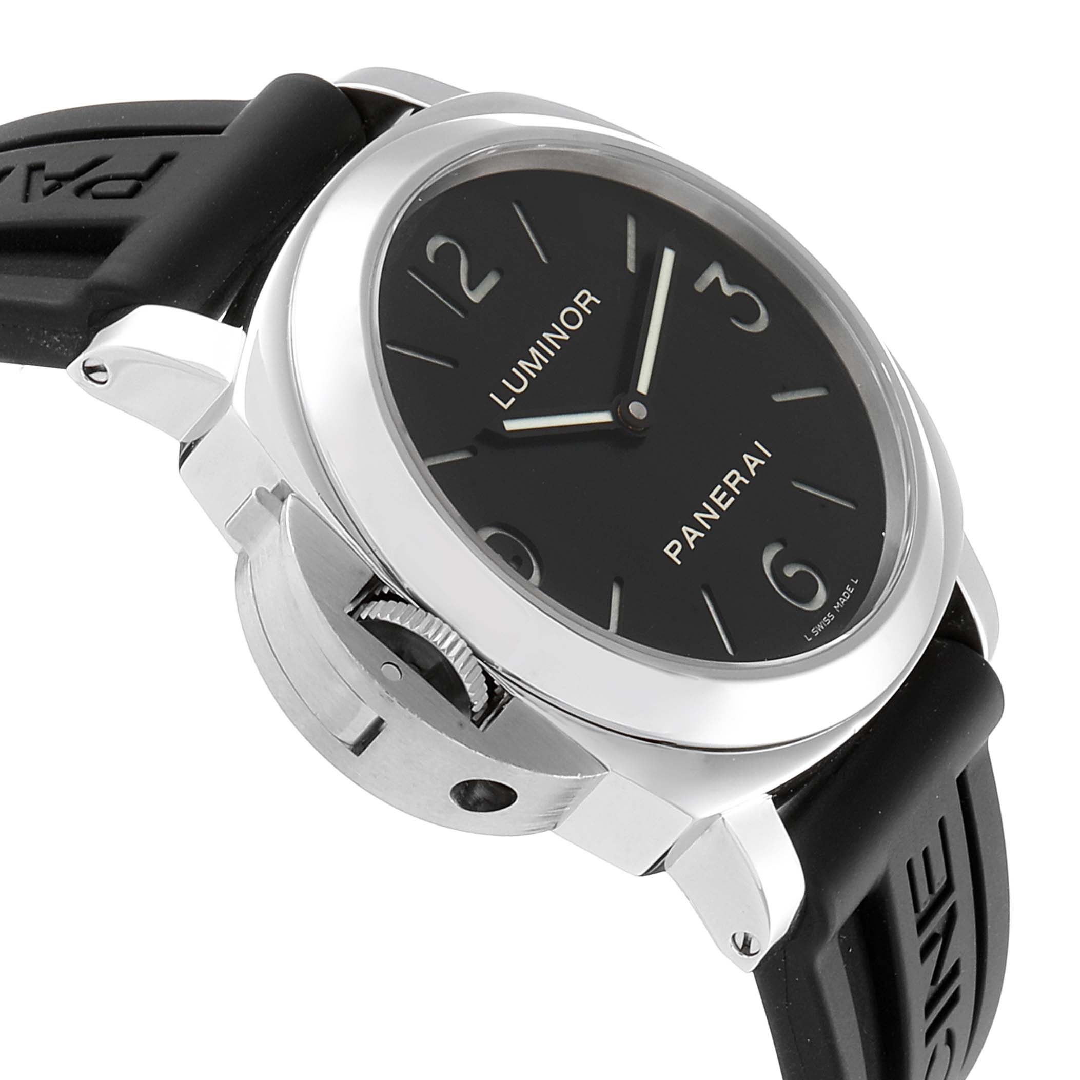 This image shows a side-angle view of the Panerai Luminor PAM00219 Men's Stainless Steel Black Dial PAM00219 Men's Stainless Steel Black Dial watch, highlighting the dial, case, crown, and strap.