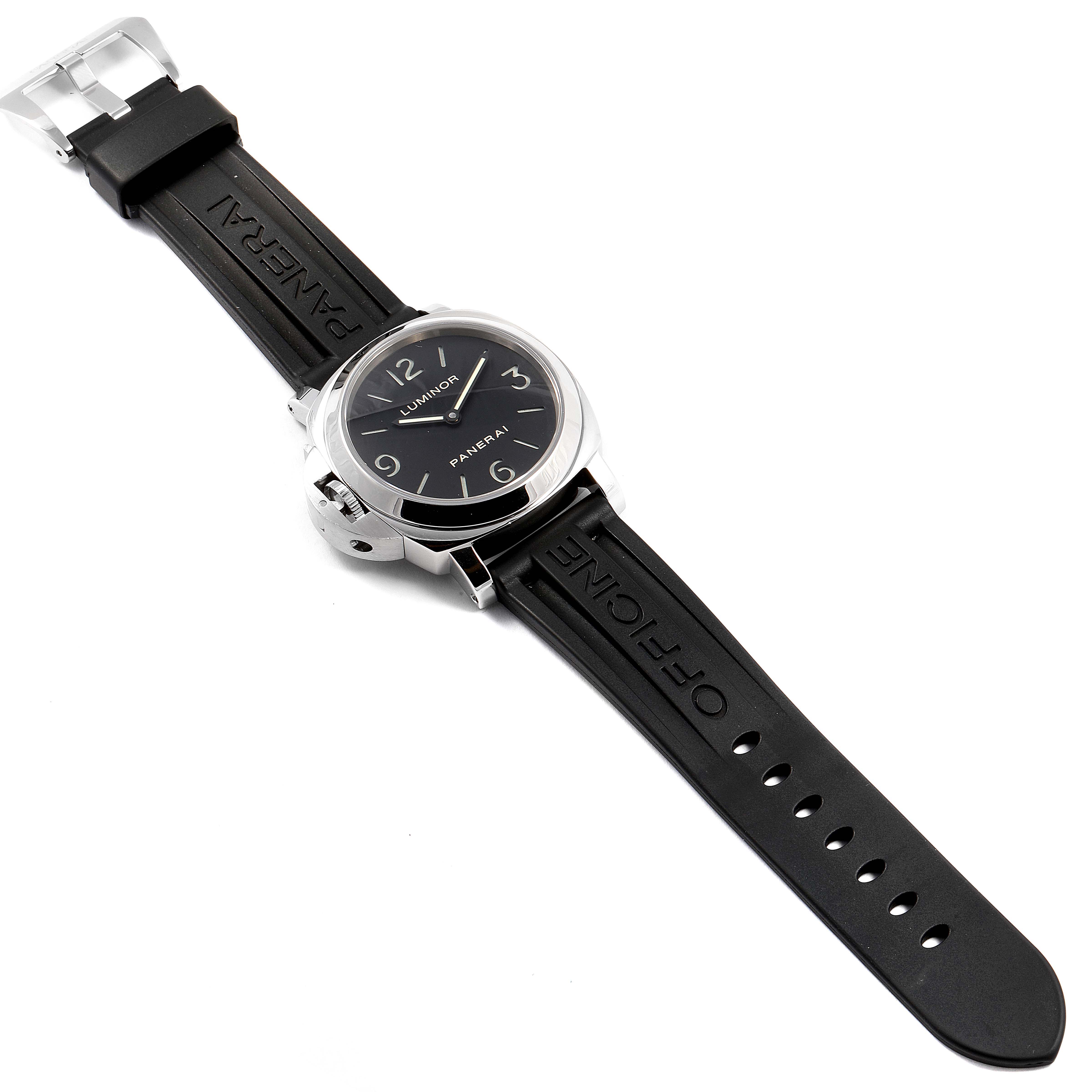 The image shows a front angle of the Panerai Luminor PAM00219 Men's Stainless Steel Black Dial PAM00219 Men's Stainless Steel Black Dial watch, displaying the face, case, and rubber strap.