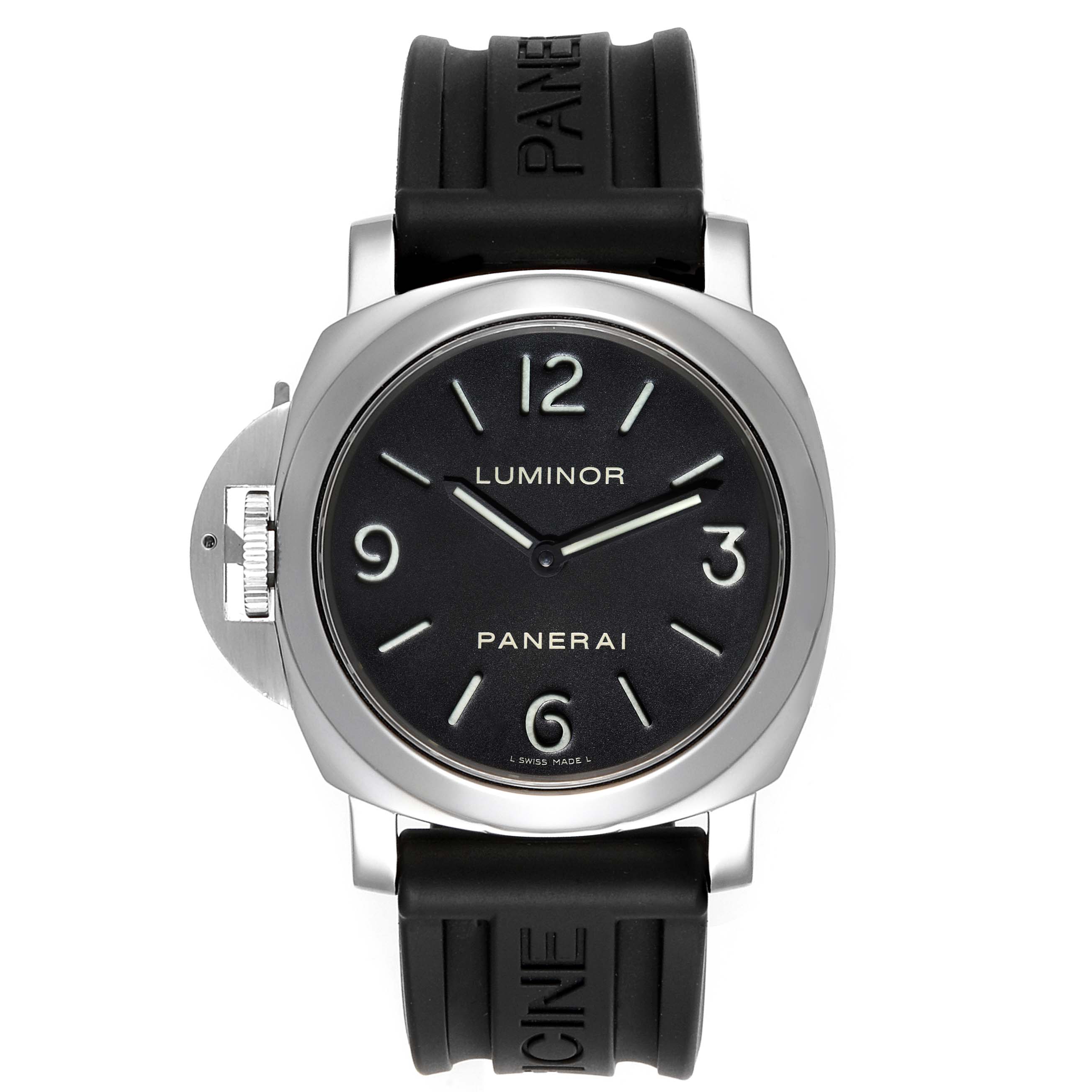 This is a front view of the Panerai Luminor PAM00219 Men's Stainless Steel Black Dial PAM00219 Men's Stainless Steel Black Dial watch showing the dial, case, crown guard, and black rubber strap.