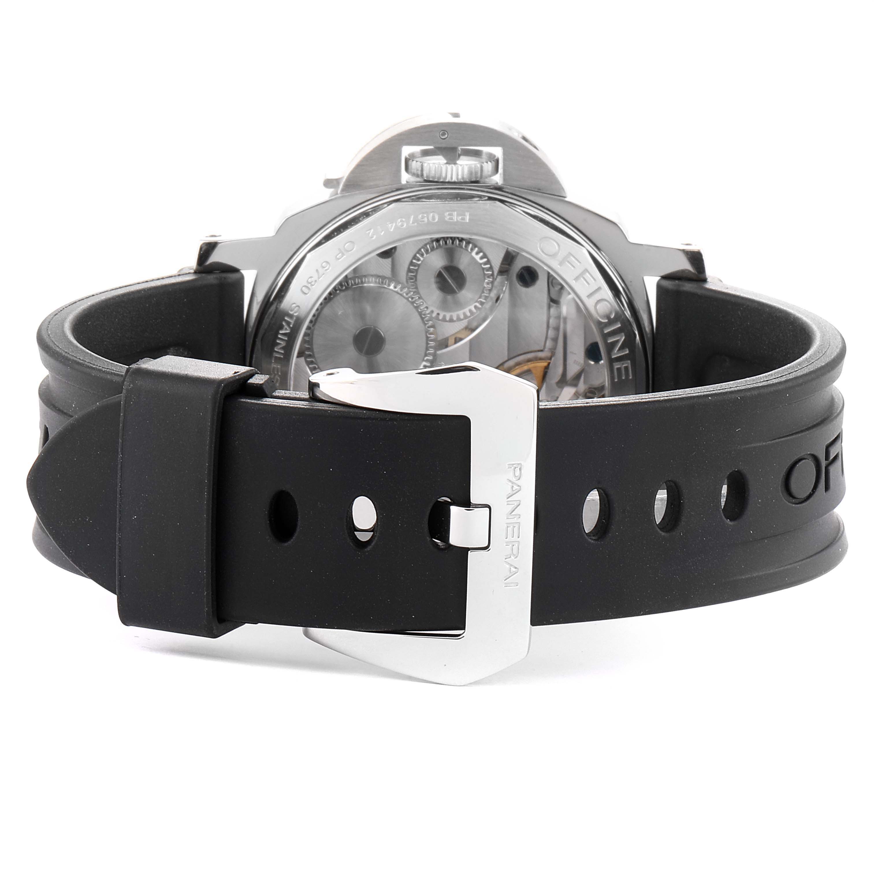 The image shows the back view of a Panerai Luminor PAM00219 Men's Stainless Steel Black Dial PAM00219 Men's Stainless Steel Black Dial watch highlighting its black strap and transparent case back.