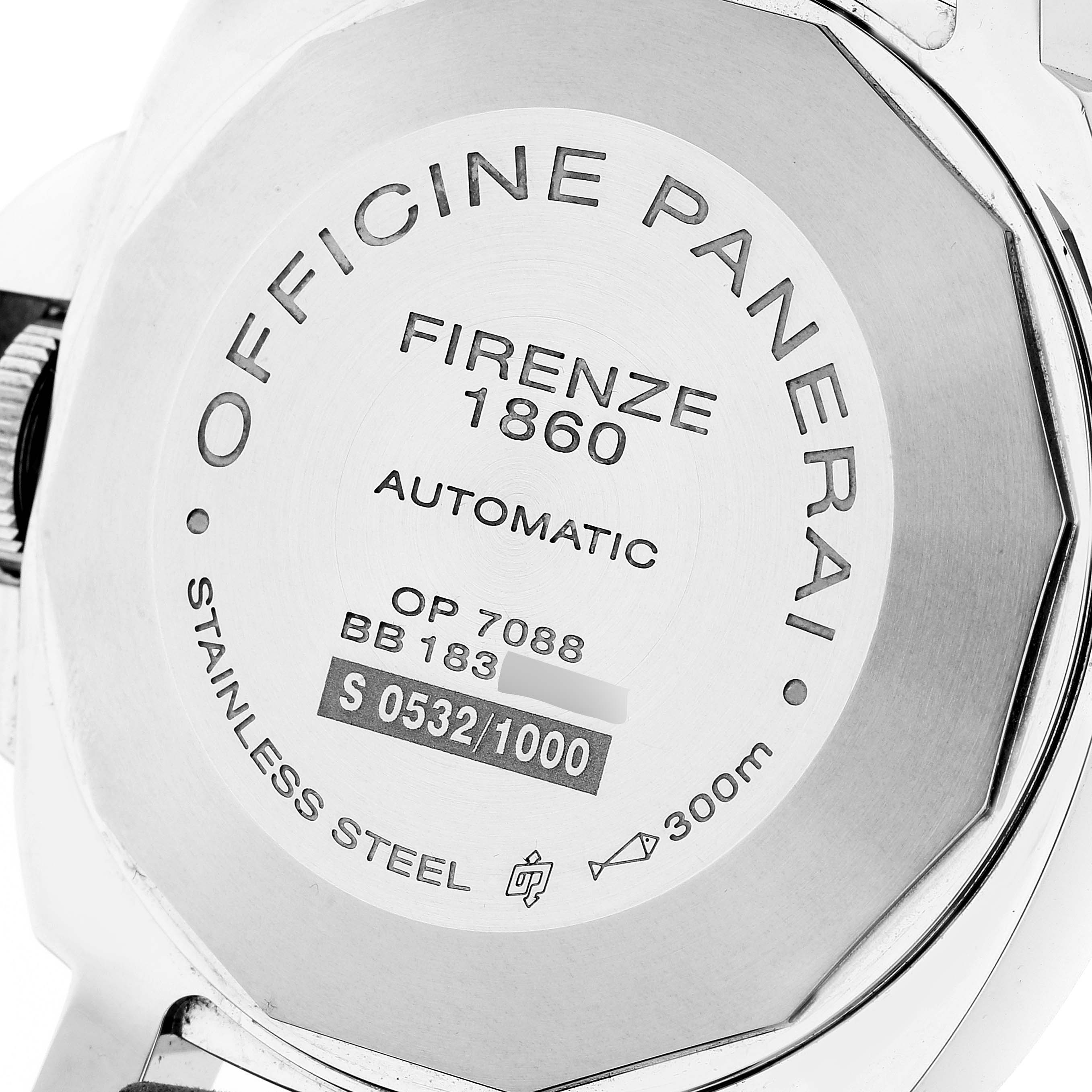 The image shows the back casing of a Panerai Luminor PAM01088 Men
s Stainless Steel Black Dial PAM01088 Men
s Stainless Steel Black Dial watch, highlighting brand engravings and specifications.