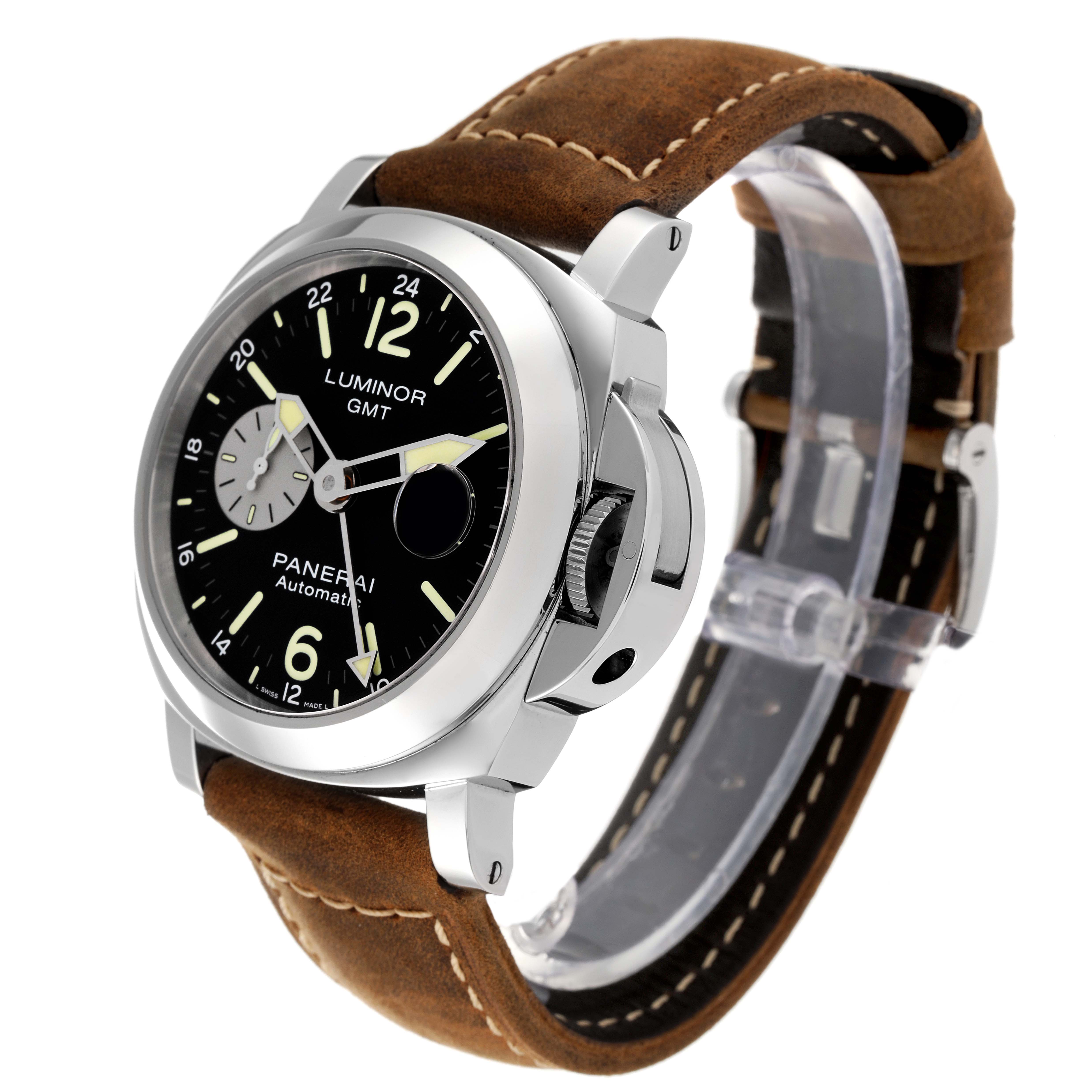 This image shows a Panerai Luminor PAM01088 Men
s Stainless Steel Black Dial PAM01088 Men
s Stainless Steel Black Dial watch at an oblique angle, highlighting the face, crown, and leather strap.