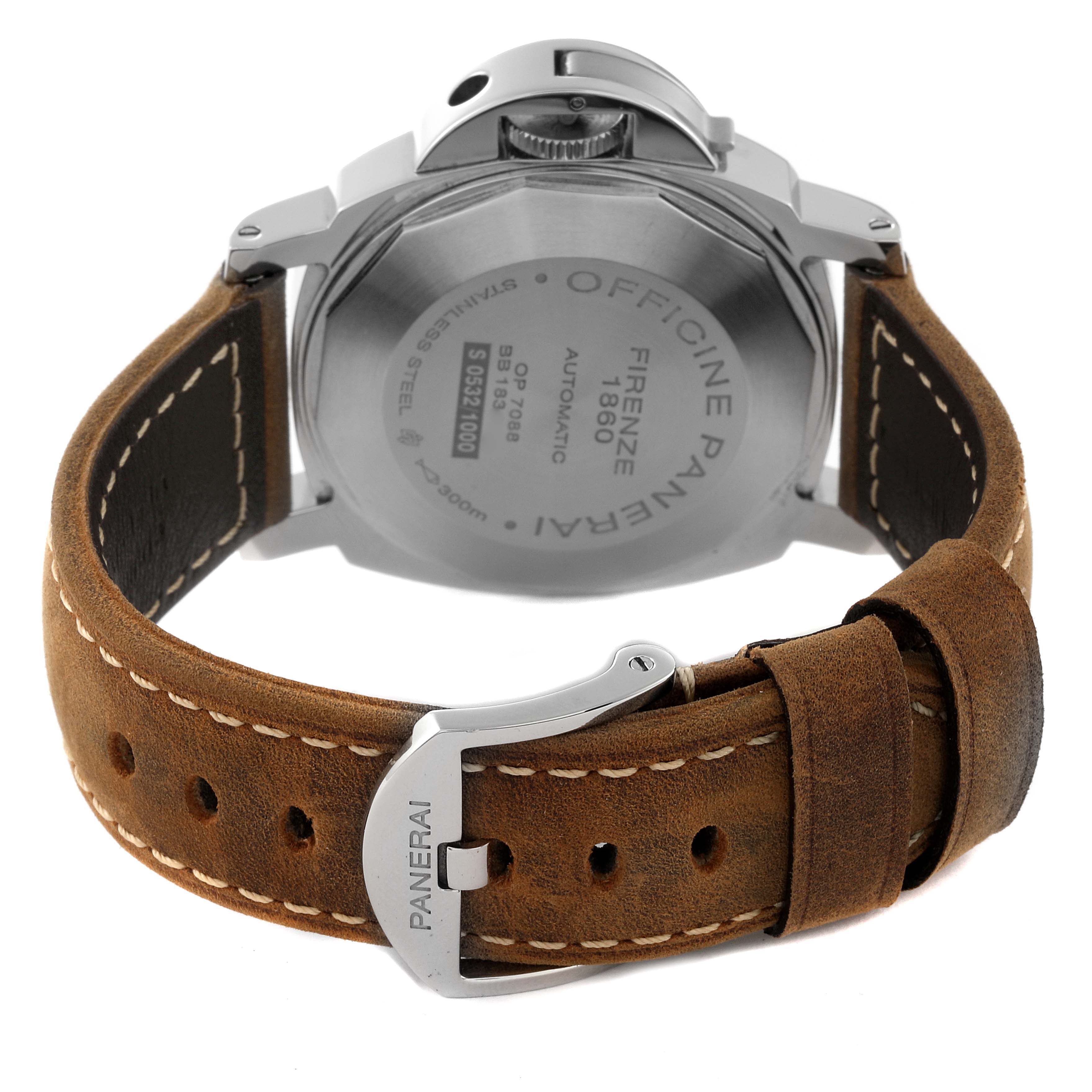 The image shows the back angle of the Panerai Luminor PAM01088 Men
s Stainless Steel Black Dial PAM01088 Men
s Stainless Steel Black Dial watch, focusing on the case back and brown leather strap.
