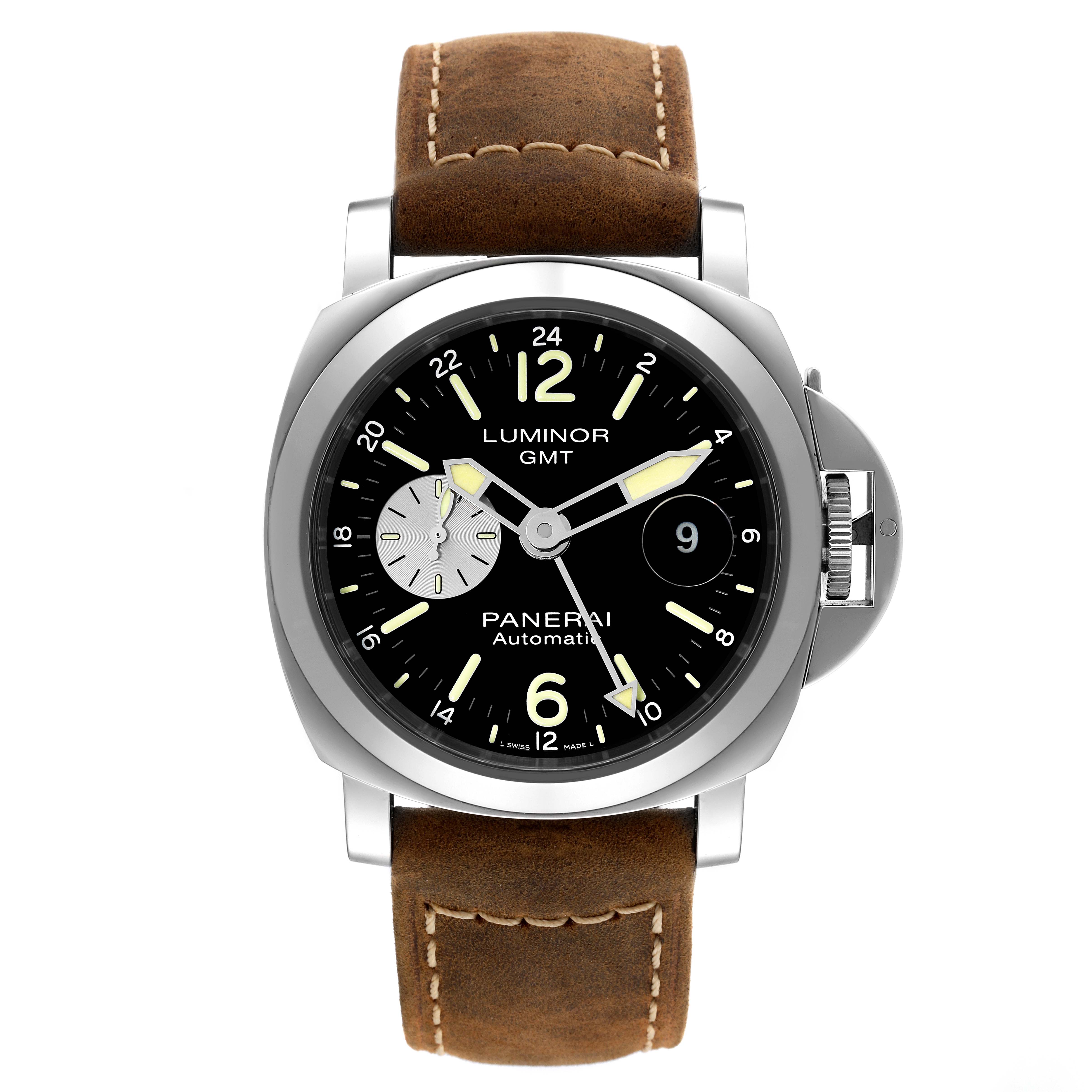 The image shows a Panerai Luminor PAM01088 Men
s Stainless Steel Black Dial PAM01088 Men
s Stainless Steel Black Dial GMT watch from a top-down angle, highlighting its brown leather strap and black dial.