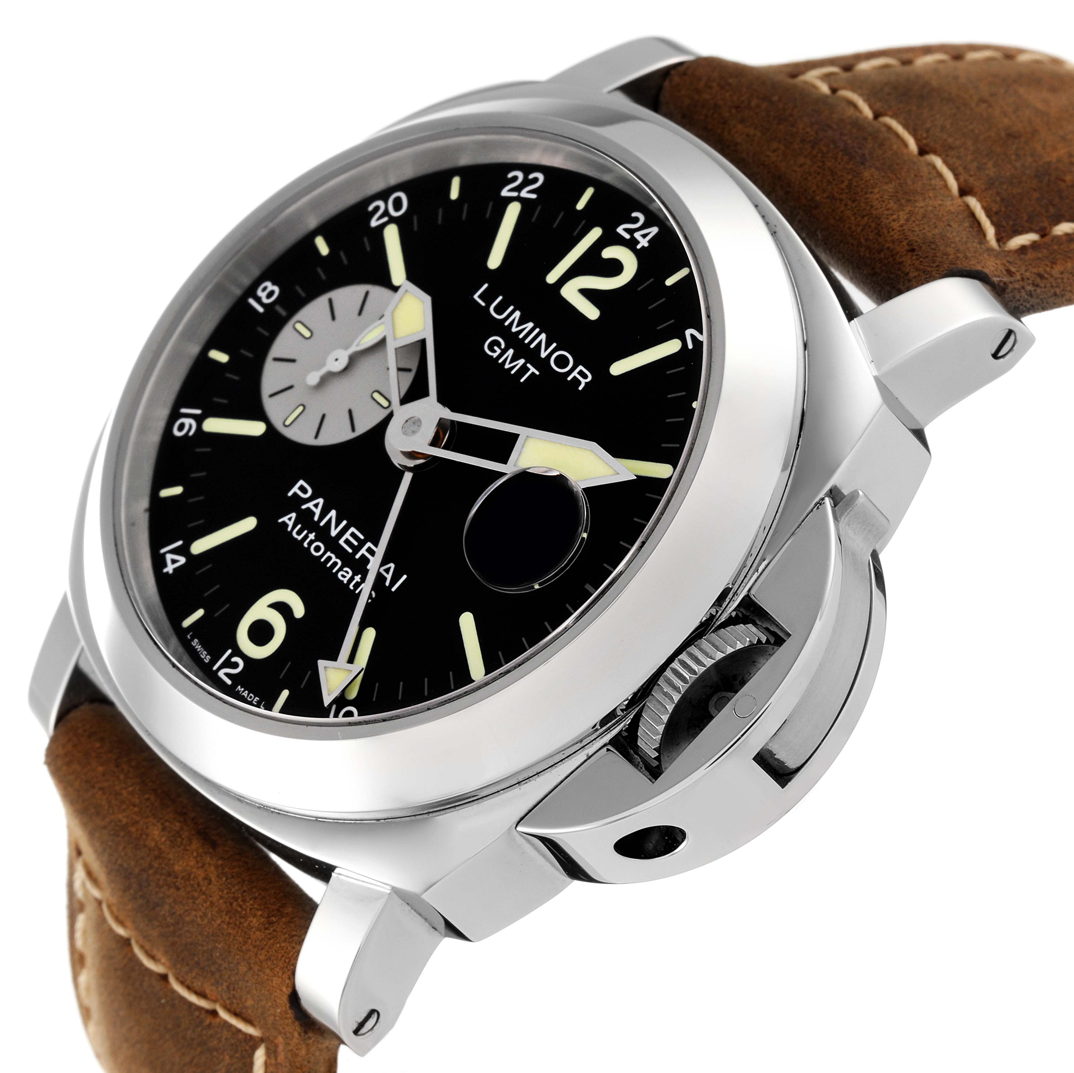 The image shows a Panerai Luminor PAM01088 Men
s Stainless Steel Black Dial PAM01088 Men
s Stainless Steel Black Dial watch angled to display its dial, case, crown guard, and brown leather strap.