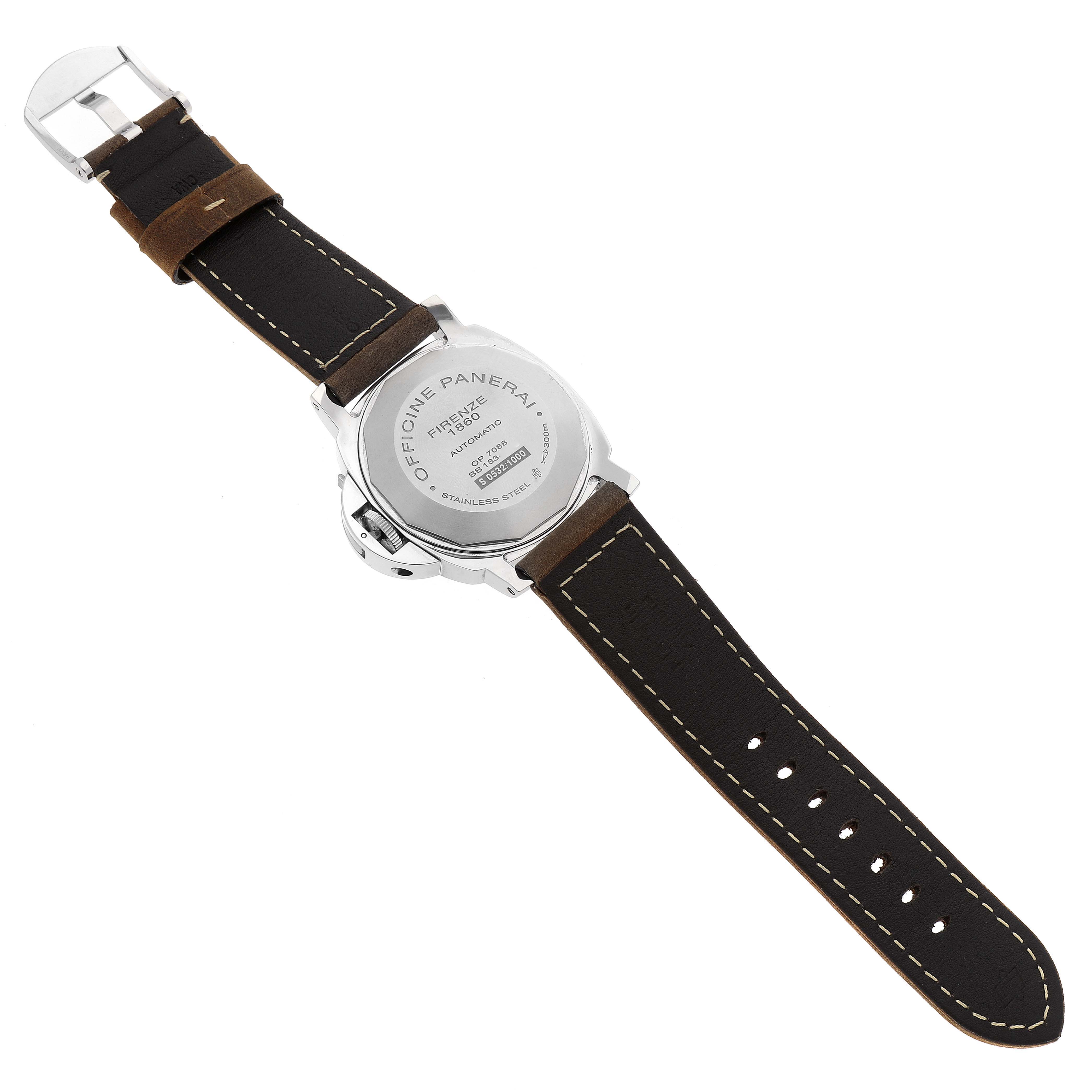 The image shows the back view of a Panerai Luminor PAM01088 Men
s Stainless Steel Black Dial PAM01088 Men
s Stainless Steel Black Dial watch, highlighting the case back and leather strap.