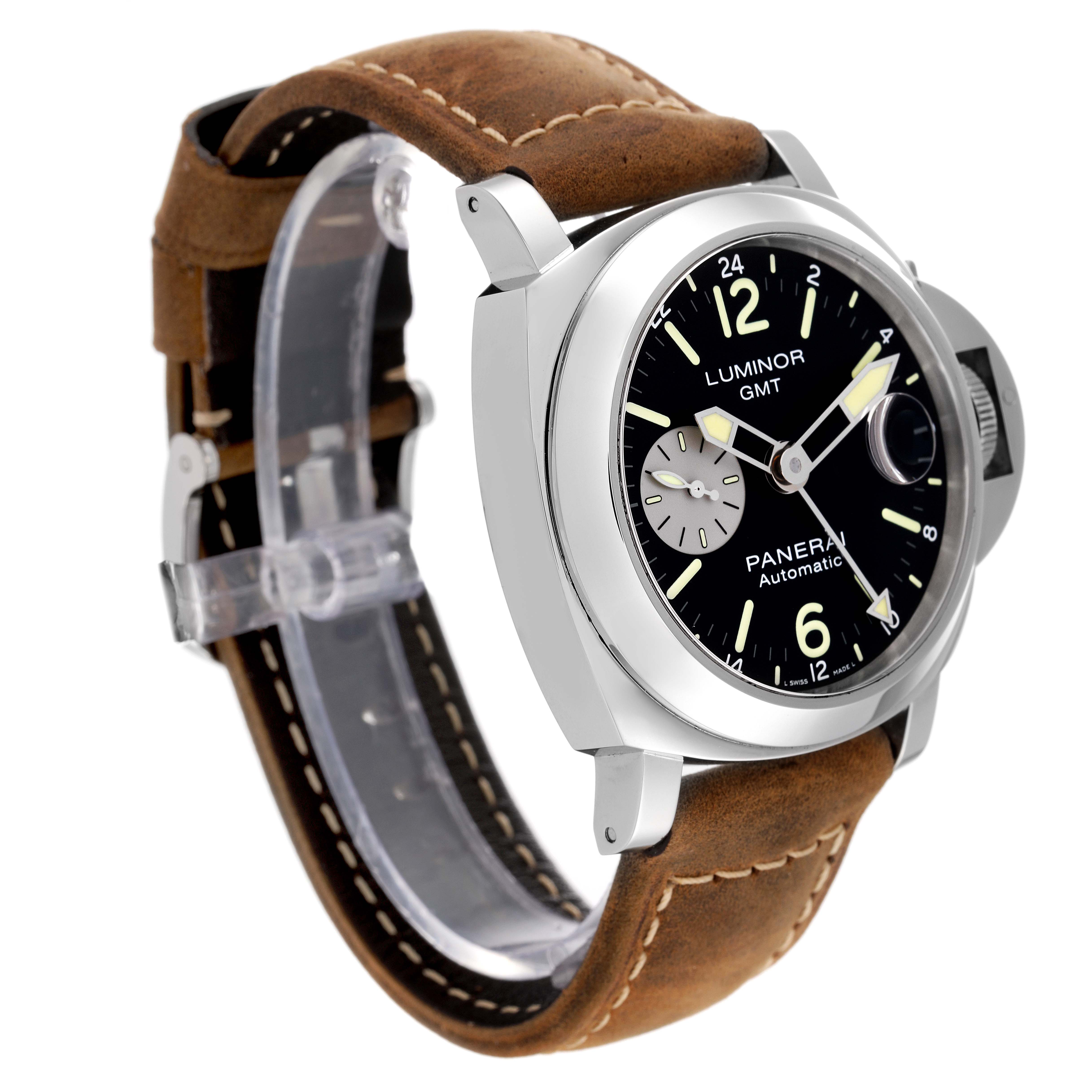 The image shows a side view of a Panerai Luminor PAM01088 Men
s Stainless Steel Black Dial PAM01088 Men
s Stainless Steel Black Dial watch, highlighting its dial, case, and brown leather strap.