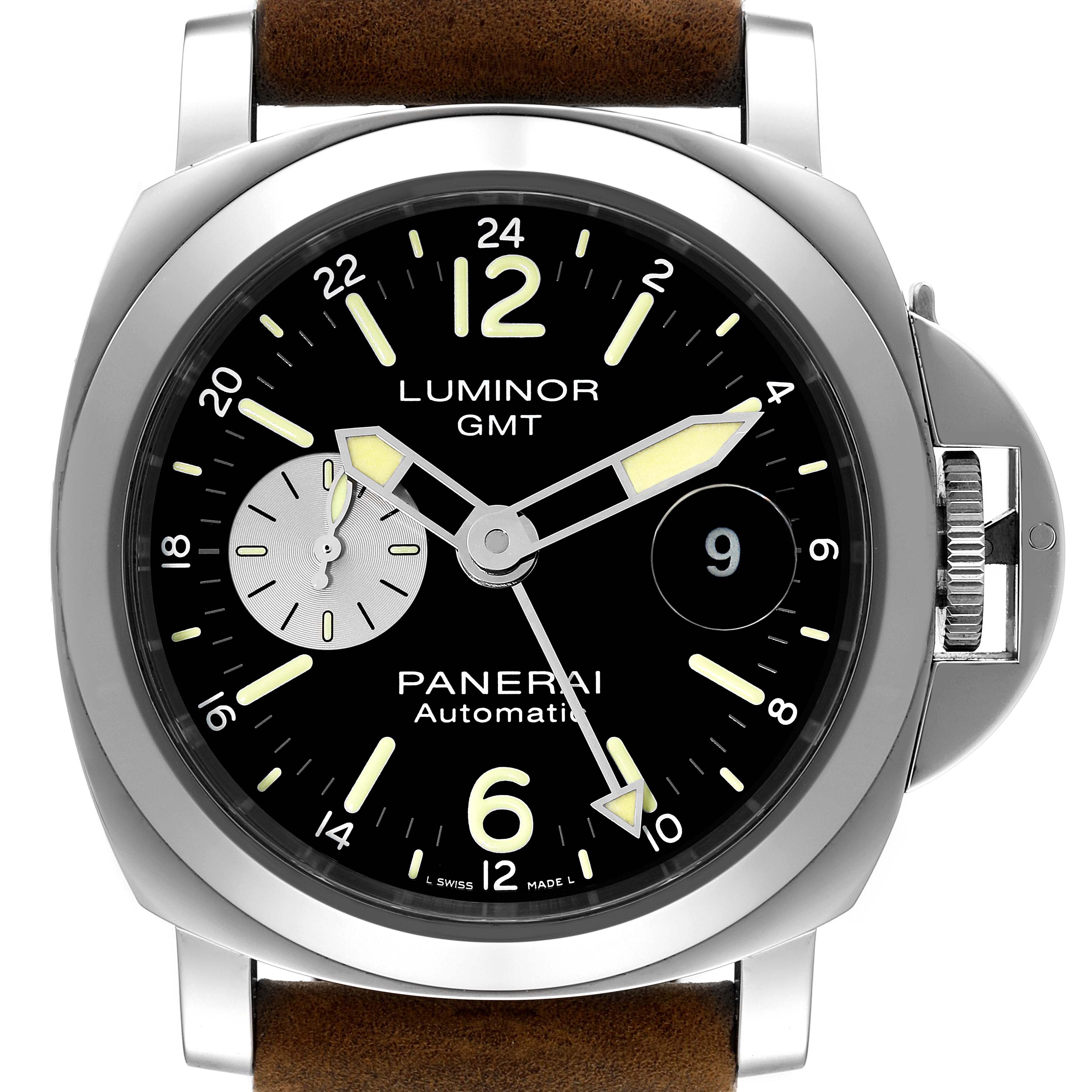 This Panerai Luminor PAM01088 Men
s Stainless Steel Black Dial PAM01088 Men
s Stainless Steel Black Dial GMT watch is shown from a front view, highlighting the dial, crown guard, and brown leather strap.