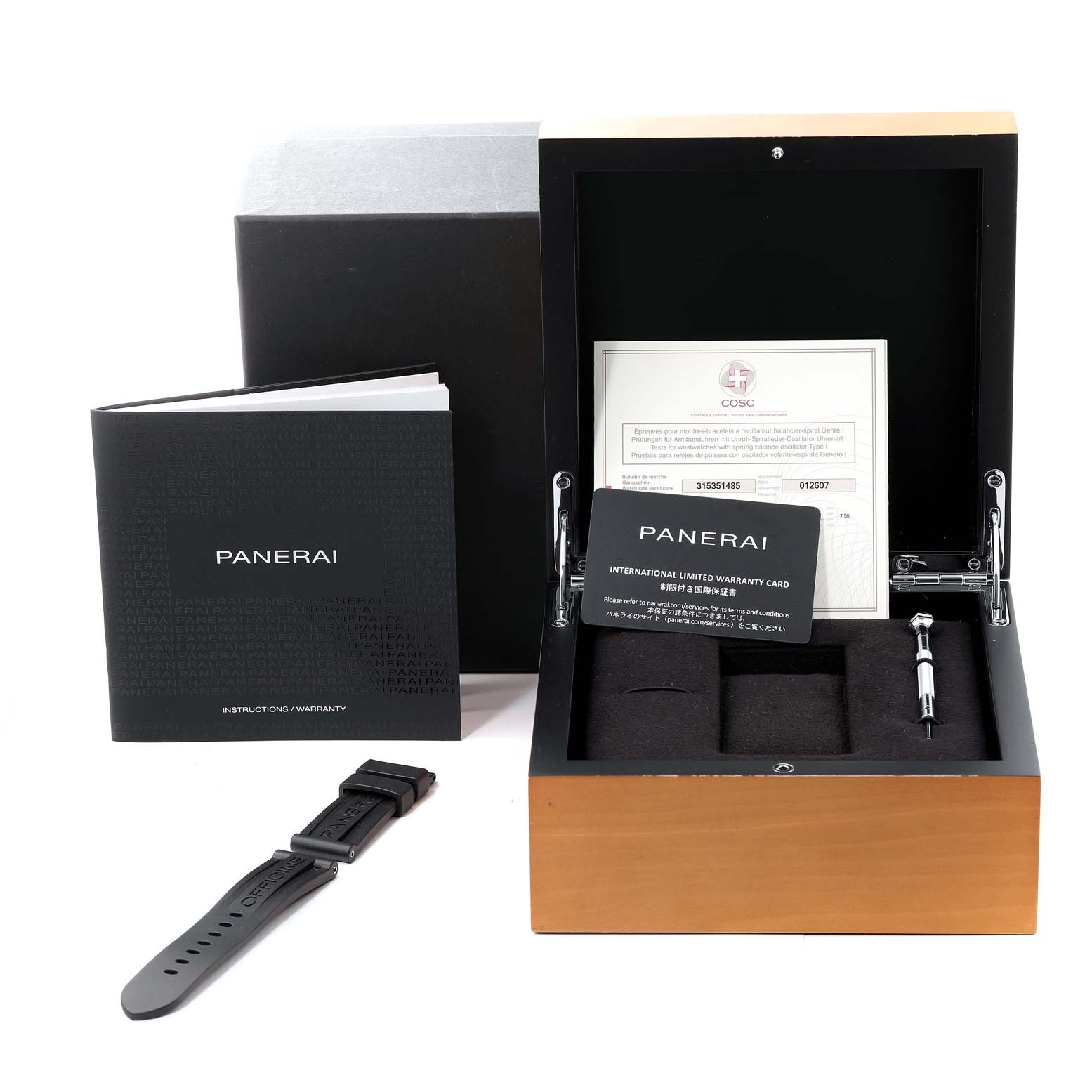 The image displays the accessories for a Panerai Luminor PAM01088 Men
s Stainless Steel Black Dial PAM01088 Men
s Stainless Steel Black Dial watch, including the box, warranty card, instructions, strap, and tool.
