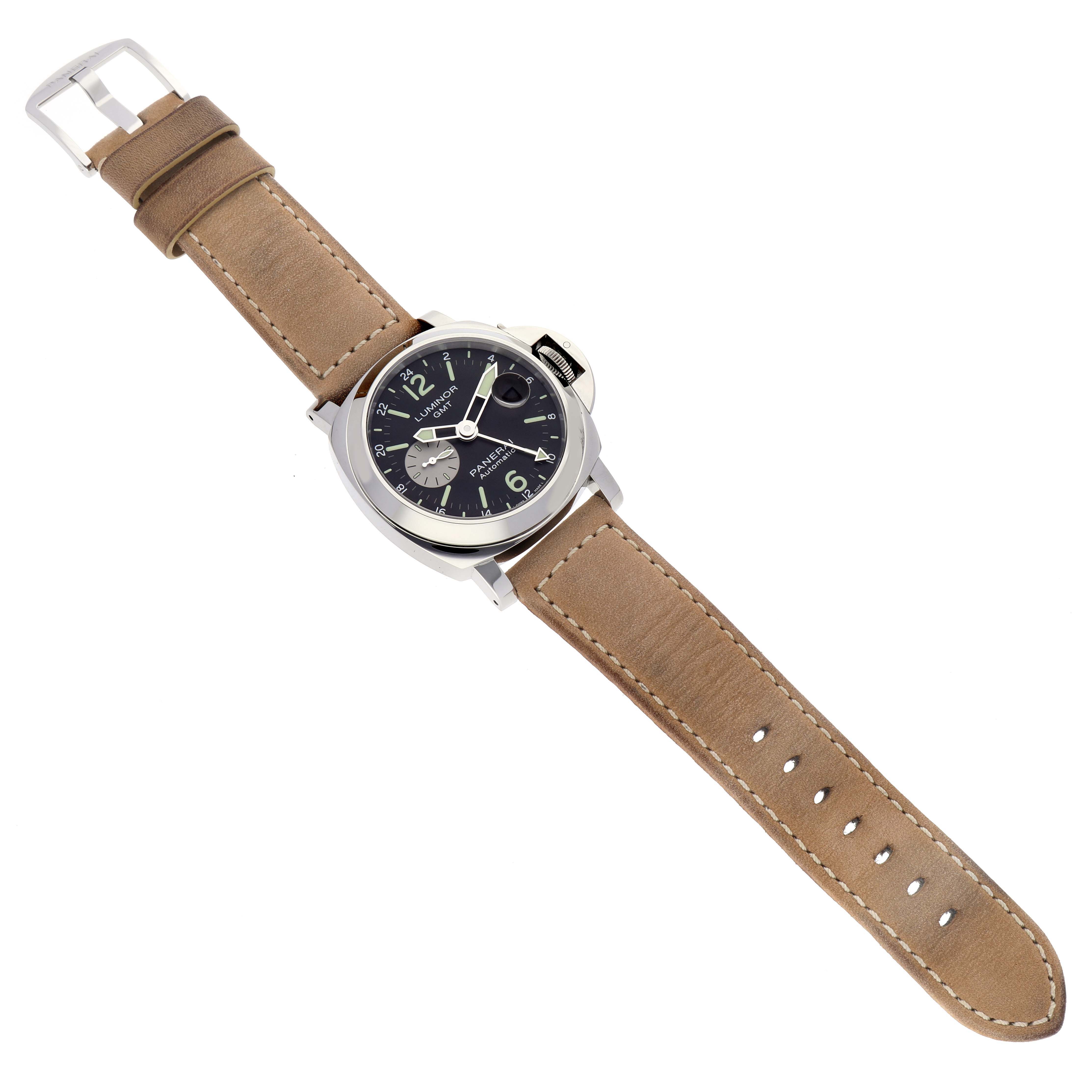 The Panerai Luminor PAM01088 Men
s Stainless Steel Black Dial PAM01088 Men
s Stainless Steel Black Dial watch is shown from a top-down angle, displaying its face, brown leather strap, and buckle.