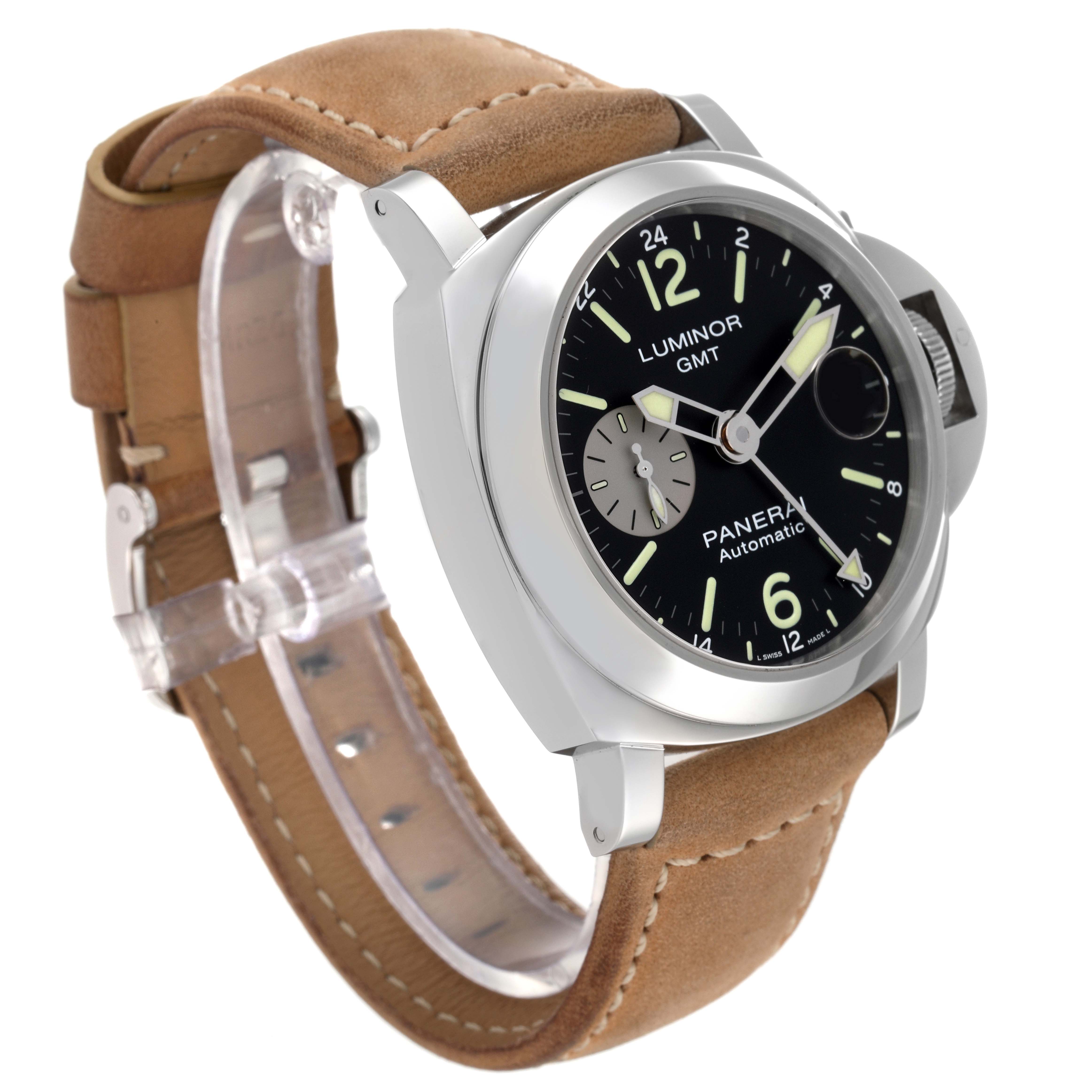 This image shows the Panerai Luminor PAM01088 Men
s Stainless Steel Black Dial PAM01088 Men
s Stainless Steel Black Dial watch at a three-quarter angle, featuring the face and the leather strap.