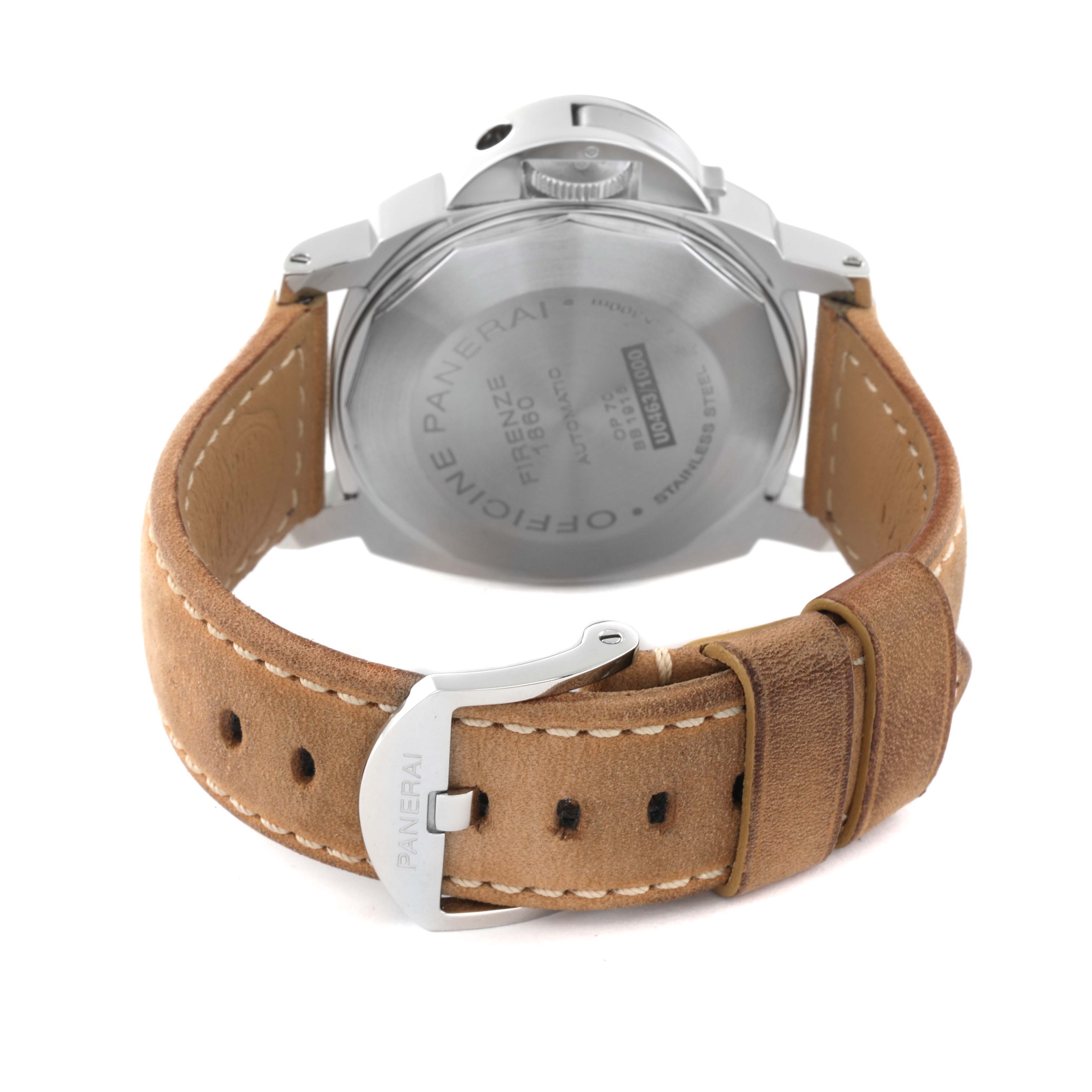 This image shows the back angle of the Panerai Luminor PAM01088 Men
s Stainless Steel Black Dial PAM01088 Men
s Stainless Steel Black Dial watch, focusing on the case back and brown leather strap with the buckle.