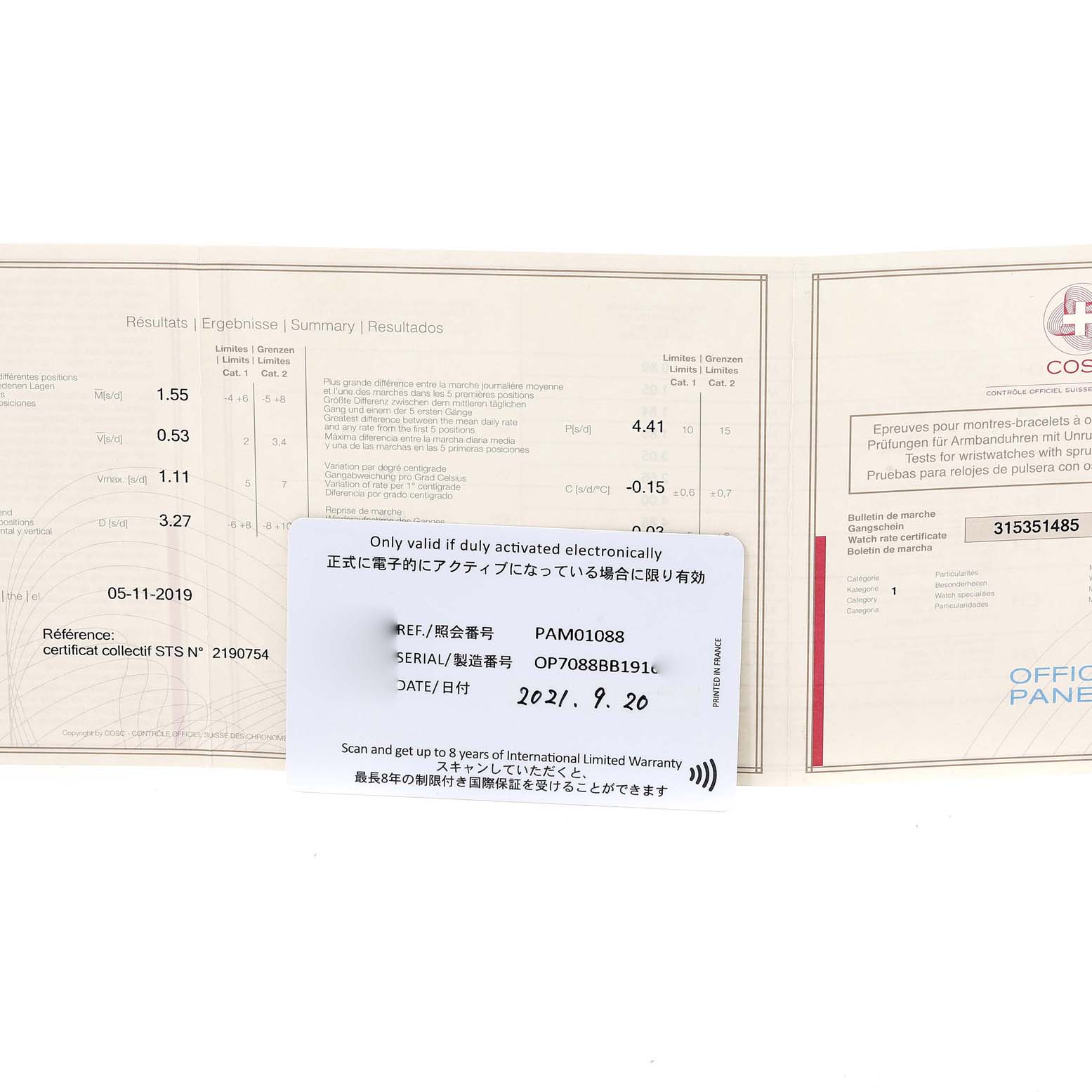 The image shows warranty and certification documents for a Panerai Luminor PAM01088 Men
s Stainless Steel Black Dial PAM01088 Men
s Stainless Steel Black Dial model, with focus on the details and identification numbers.