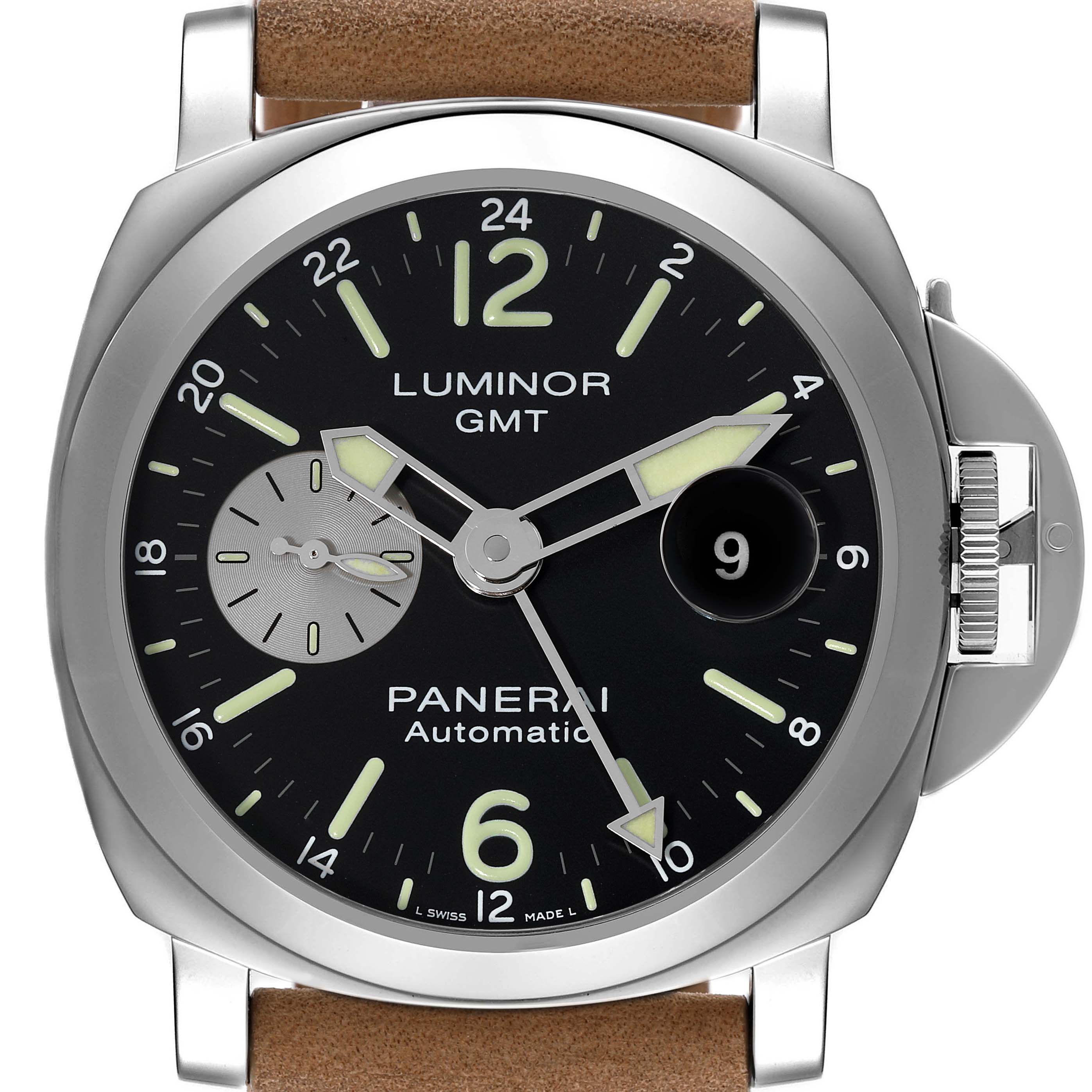 This is a close-up of the Panerai Luminor PAM01088 Men
s Stainless Steel Black Dial PAM01088 Men
s Stainless Steel Black Dial GMT watch face, showing the dial, hands, and part of the strap.