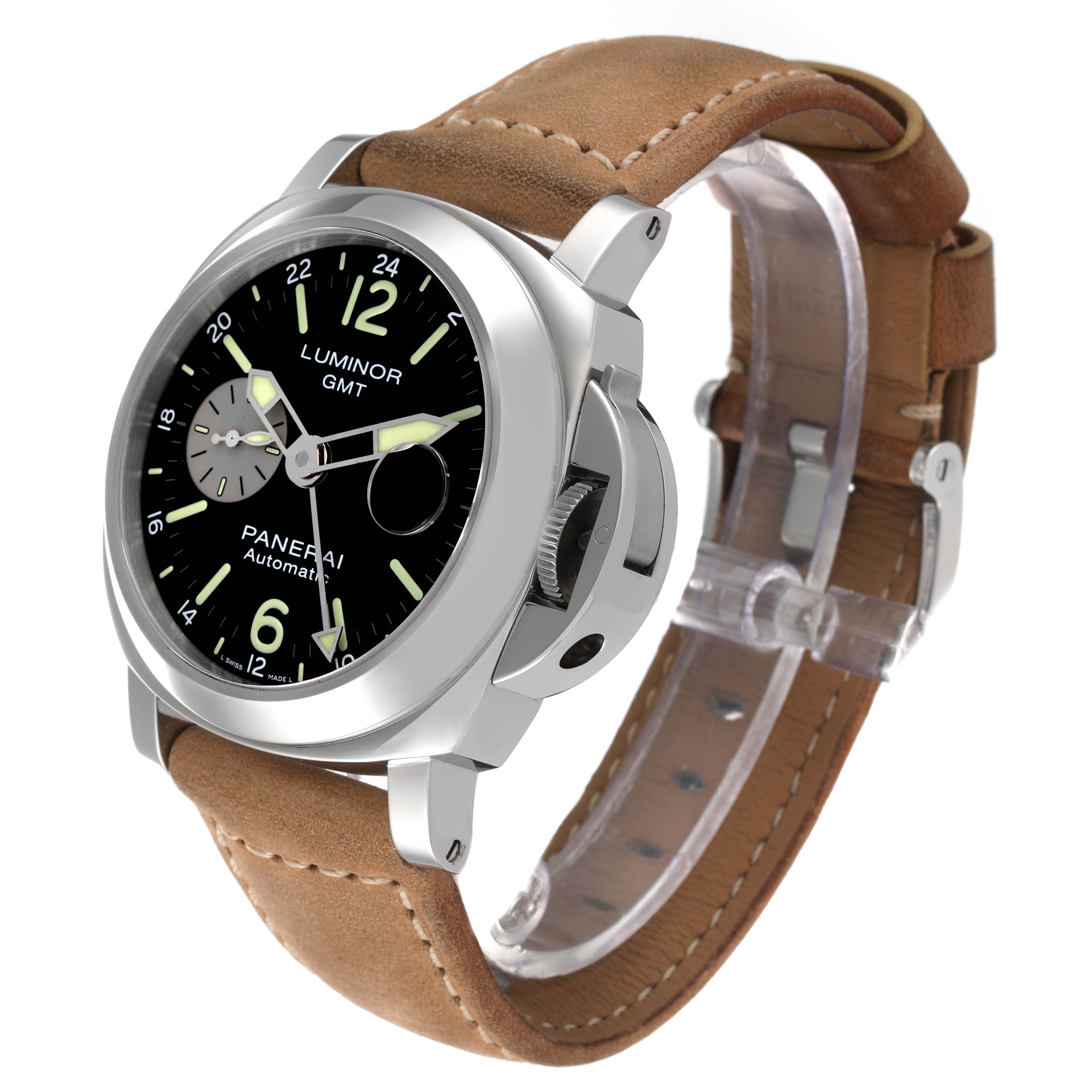 The image shows a Panerai Luminor PAM01088 Men
s Stainless Steel Black Dial PAM01088 Men
s Stainless Steel Black Dial watch at an angle highlighting its face, bezel, crown guard, and leather strap.