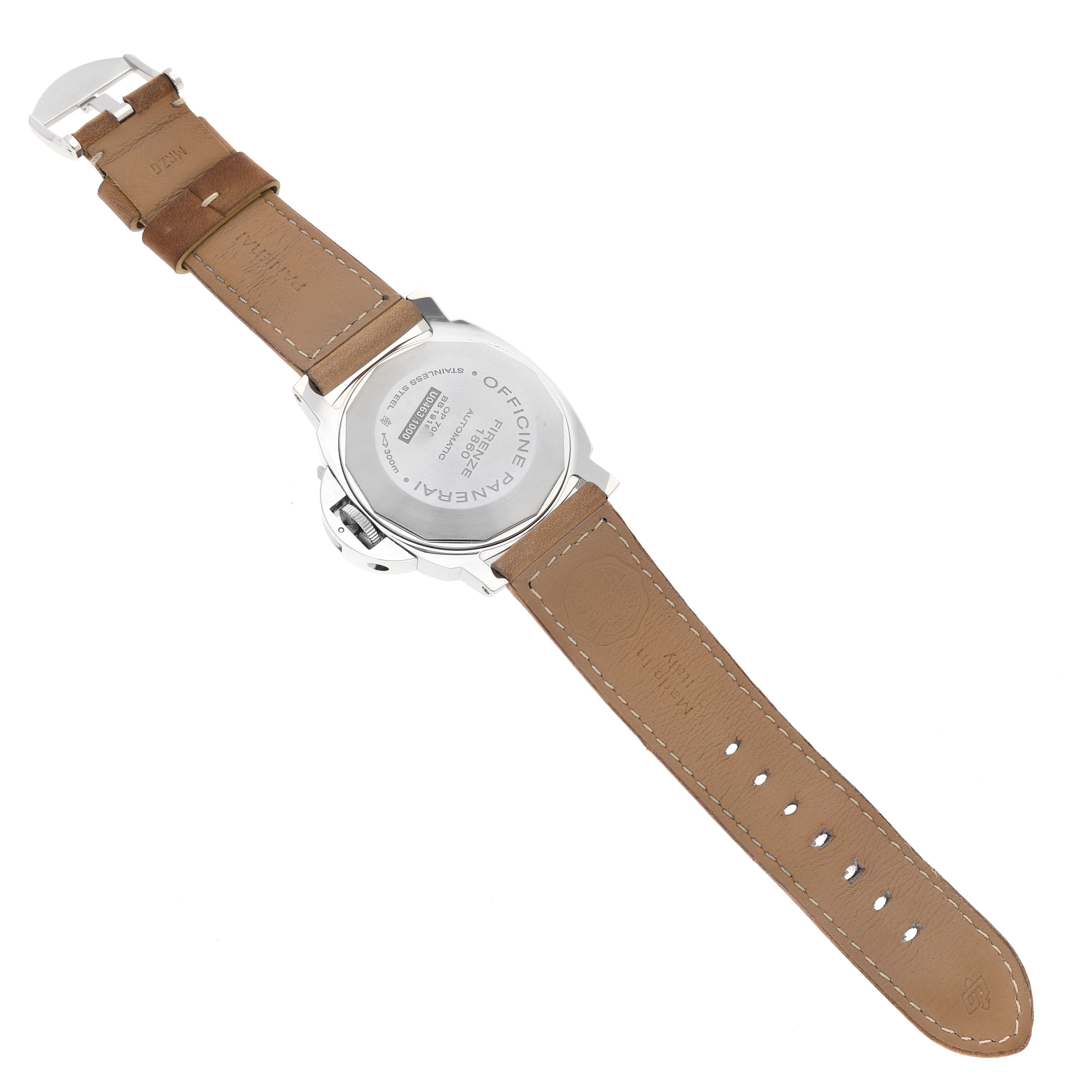 The image shows the back case and leather strap of a Panerai Luminor PAM01088 Men
s Stainless Steel Black Dial PAM01088 Men
s Stainless Steel Black Dial watch.