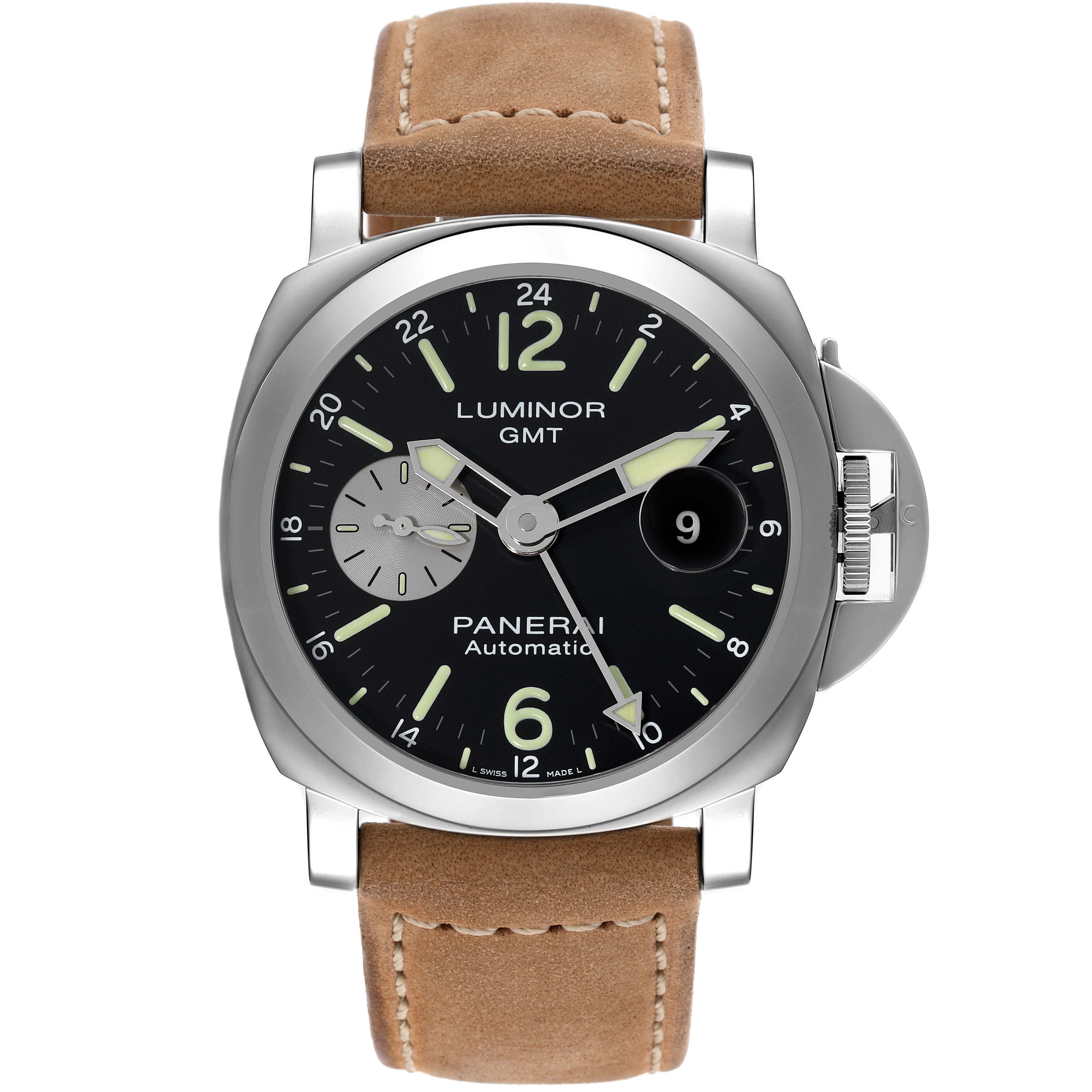 The image shows a frontal view of a Panerai Luminor PAM01088 Men
s Stainless Steel Black Dial PAM01088 Men
s Stainless Steel Black Dial GMT watch, displaying the dial, hour markers, hands, date window, and crown guard.