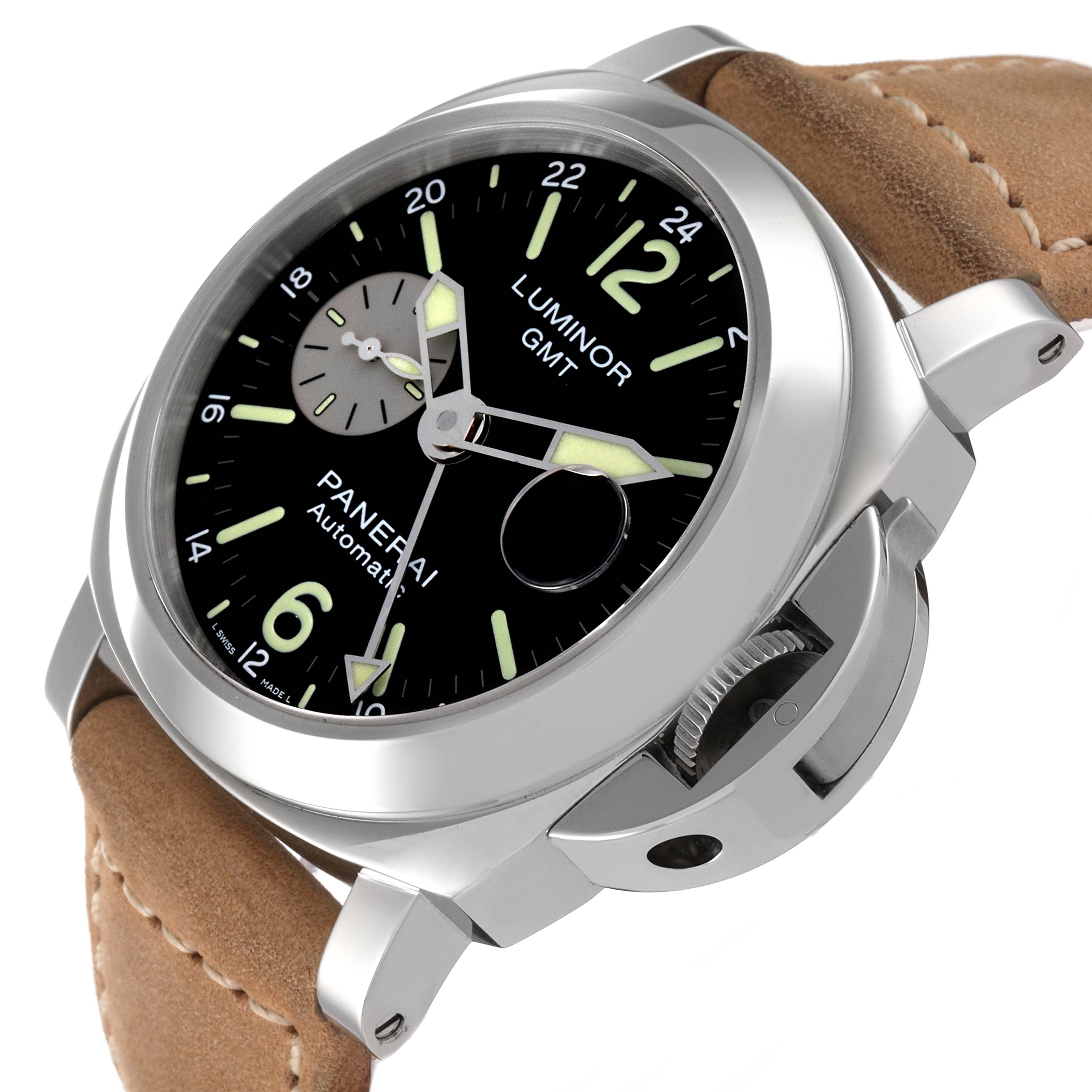 The image shows a close-up angle of a Panerai Luminor PAM01088 Men
s Stainless Steel Black Dial PAM01088 Men
s Stainless Steel Black Dial GMT watch, highlighting its face, crown guard, and leather strap.