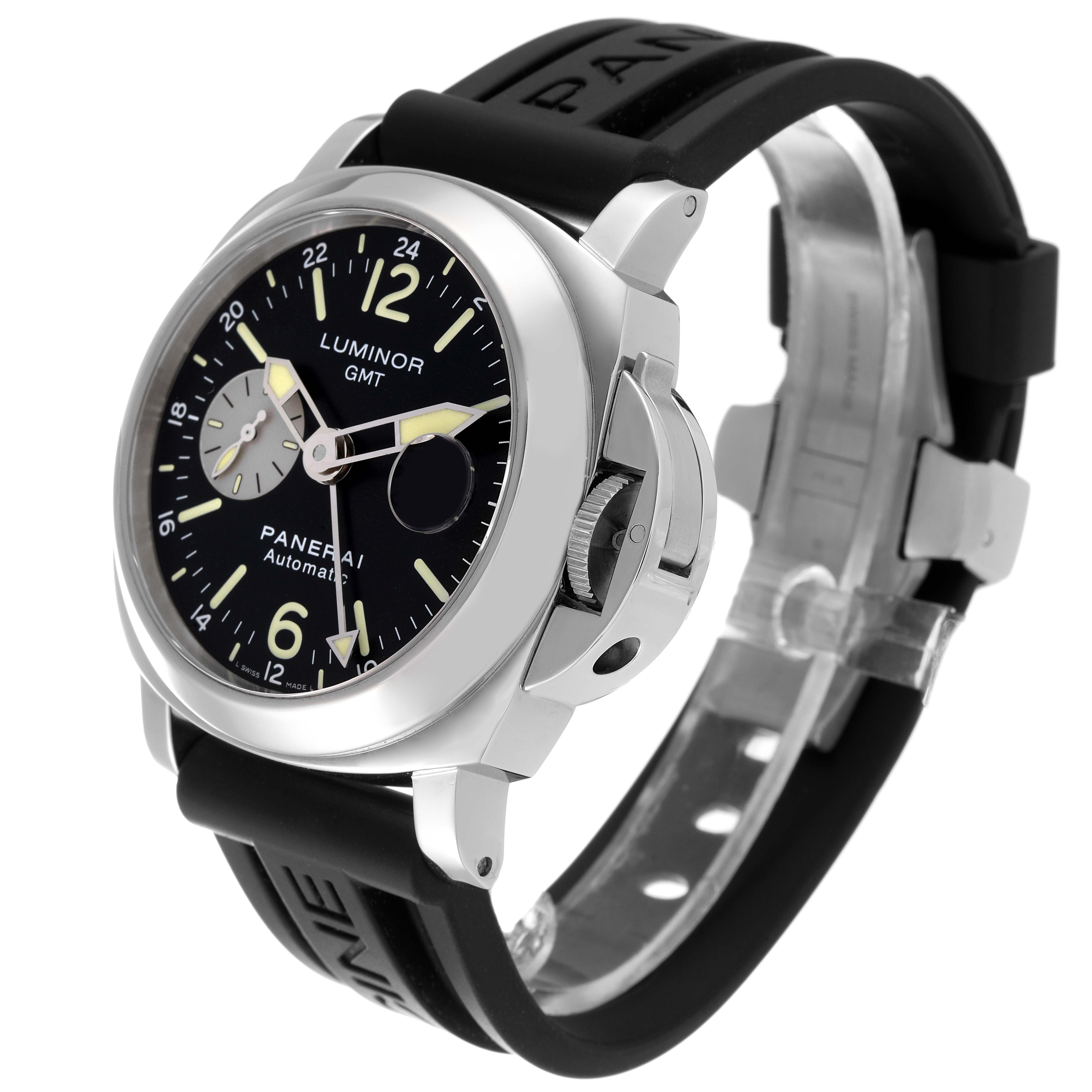 The image shows a Panerai Luminor PAM00088 Men
s Stainless Steel Black Dial PAM00088 Men
s Stainless Steel Black Dial GMT watch at a three-quarter angle, highlighting the case, dial, and black rubber strap.