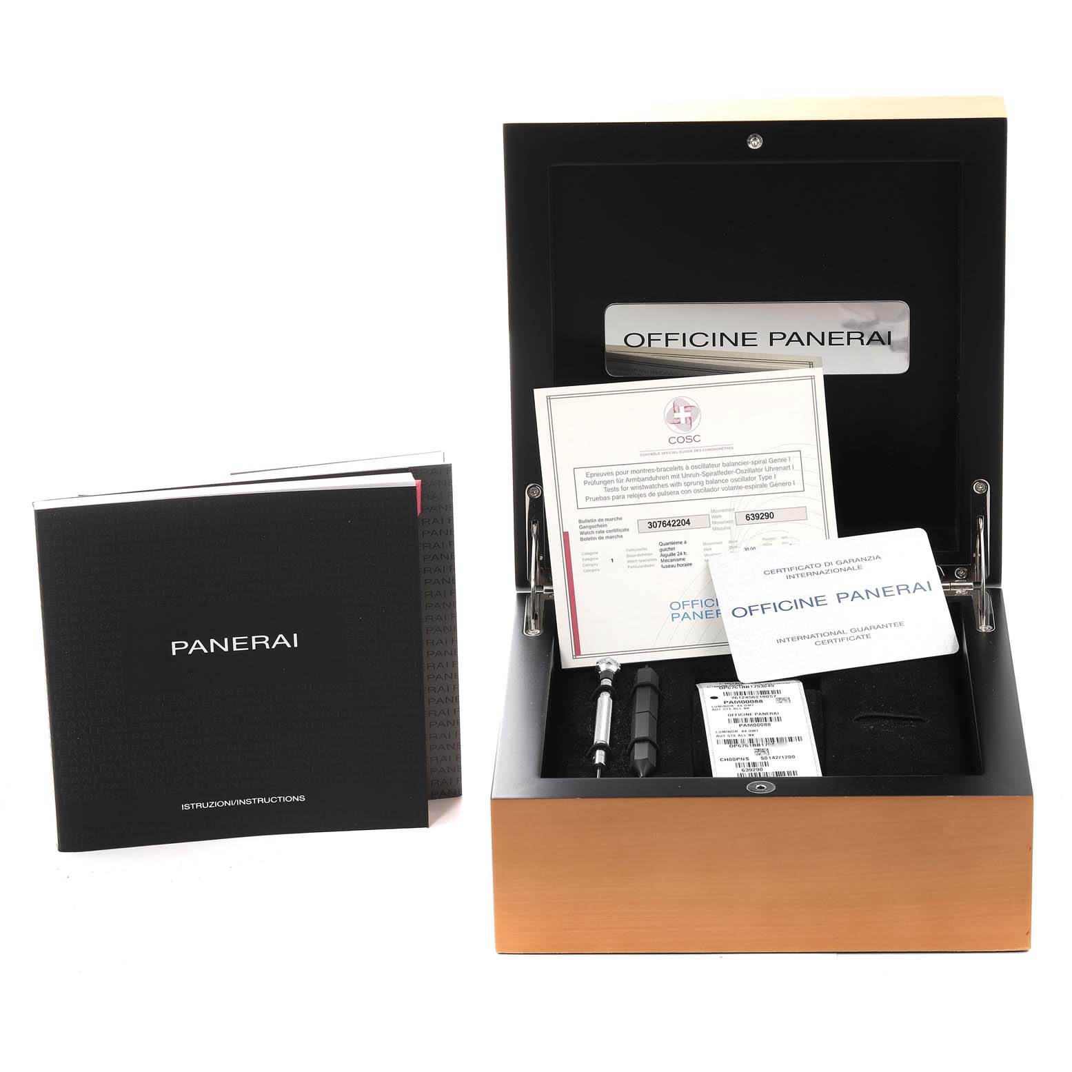 This image shows the packaging and accessories for the Panerai Luminor PAM00088 Men
s Stainless Steel Black Dial PAM00088 Men
s Stainless Steel Black Dial watch, including a presentation box, certificates, and instruction manuals.