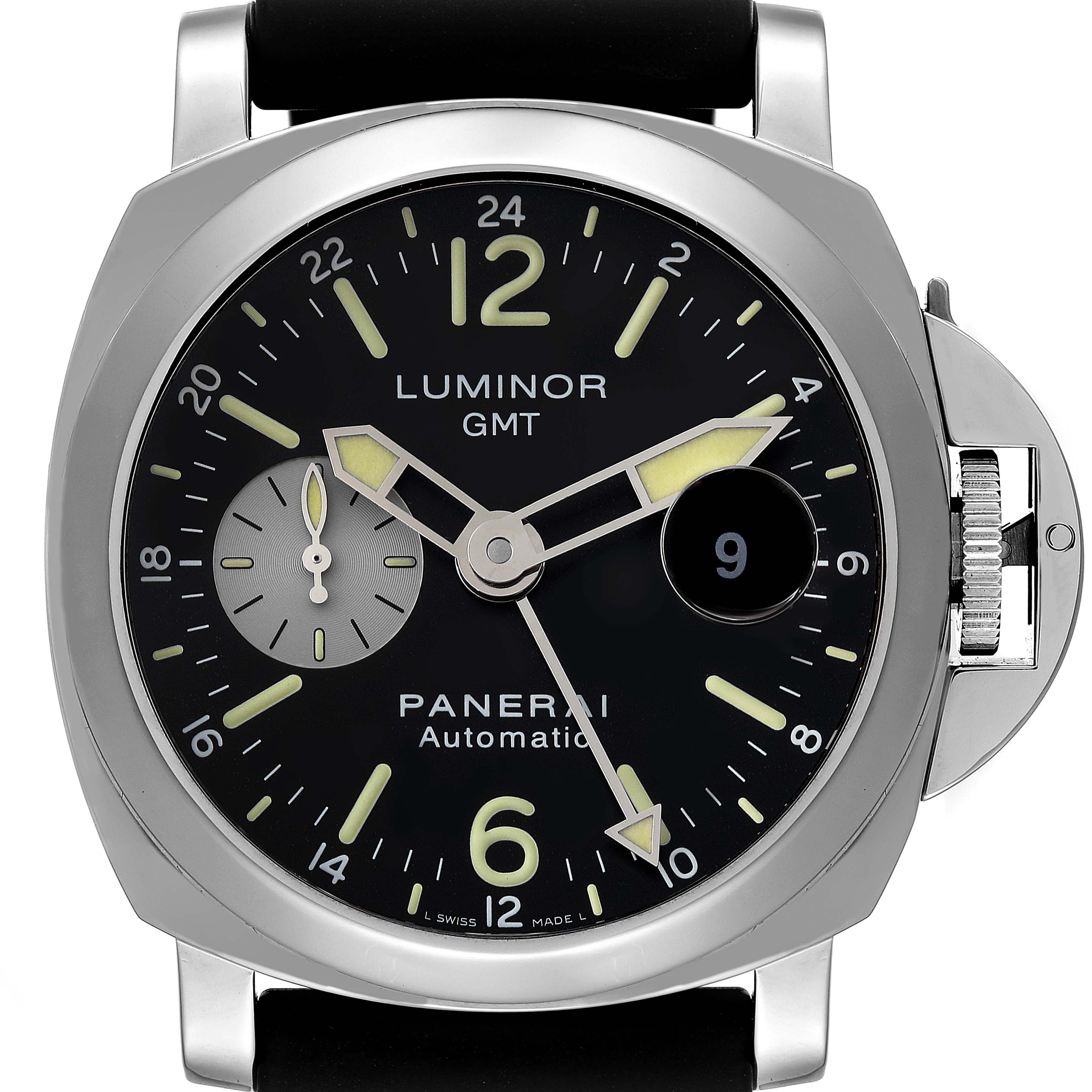 The image displays a front view of the Panerai Luminor PAM00088 Men
s Stainless Steel Black Dial PAM00088 Men
s Stainless Steel Black Dial GMT watch, highlighting the dial, crown guard, and strap.
