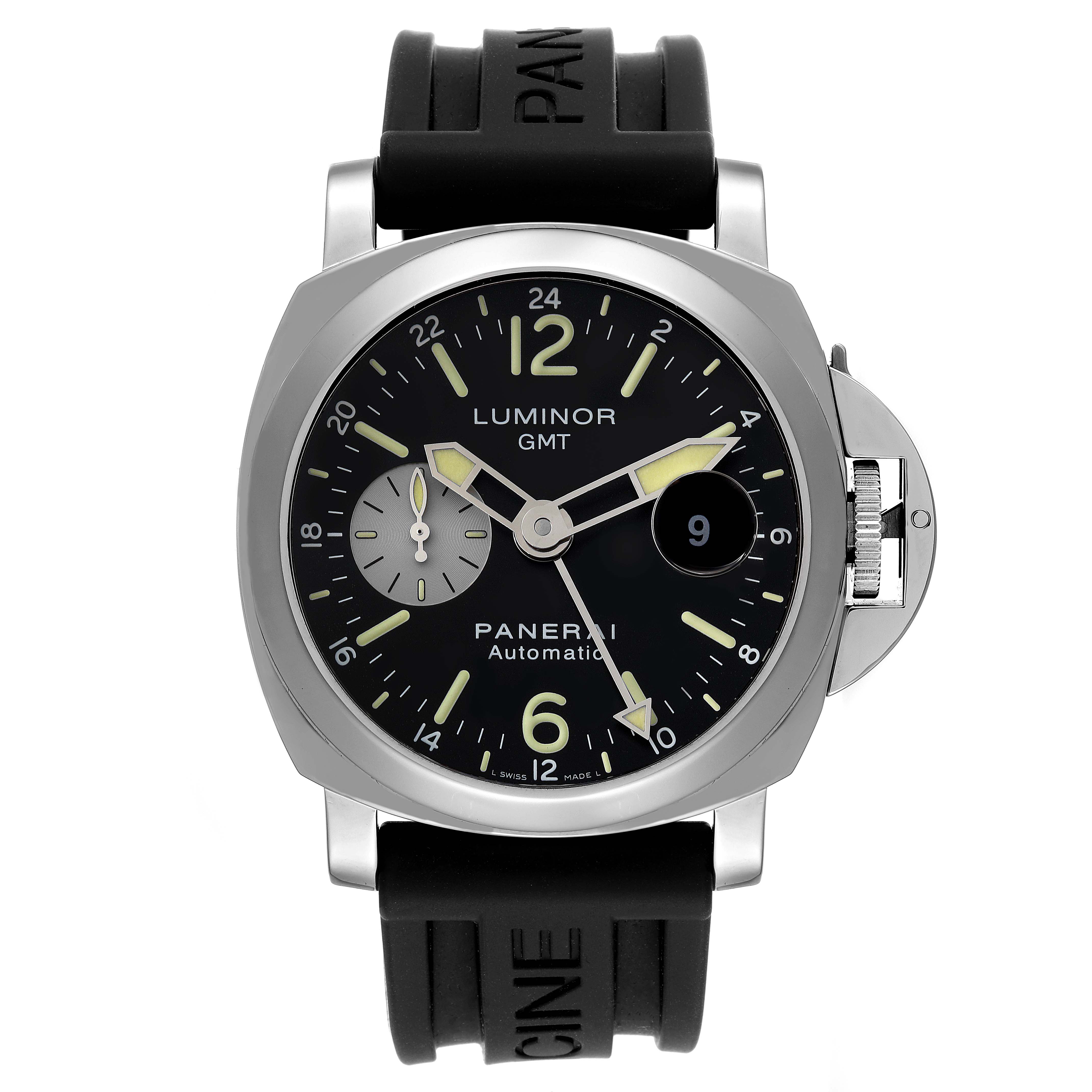 The image shows a Panerai Luminor PAM00088 Men
s Stainless Steel Black Dial PAM00088 Men
s Stainless Steel Black Dial GMT watch from a front angle, highlighting the dial, rubber strap, and crown guard.