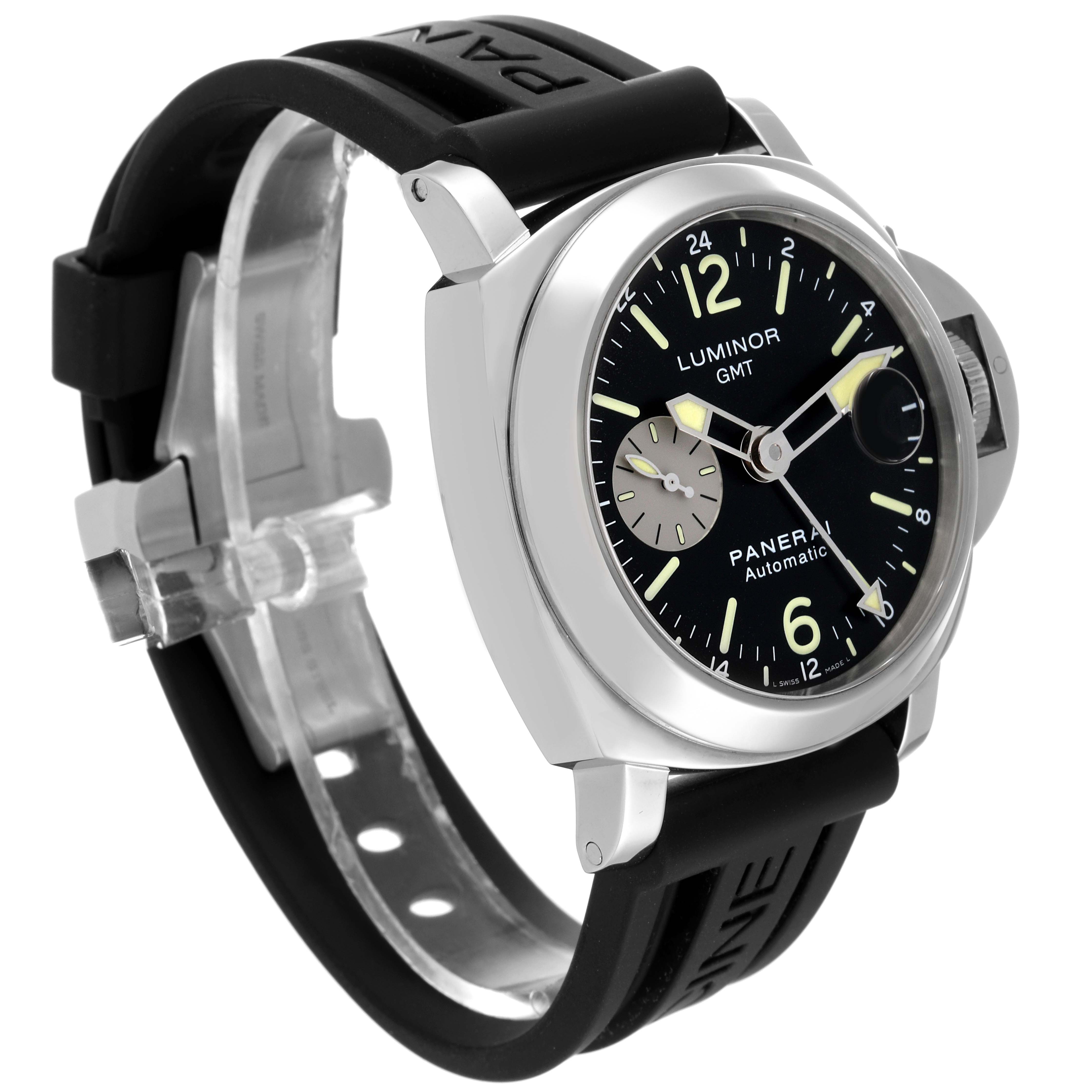 This image displays a Panerai Luminor PAM00088 Men
s Stainless Steel Black Dial PAM00088 Men
s Stainless Steel Black Dial GMT model watch at a three-quarter angle, showcasing the face, bezel, and black strap.