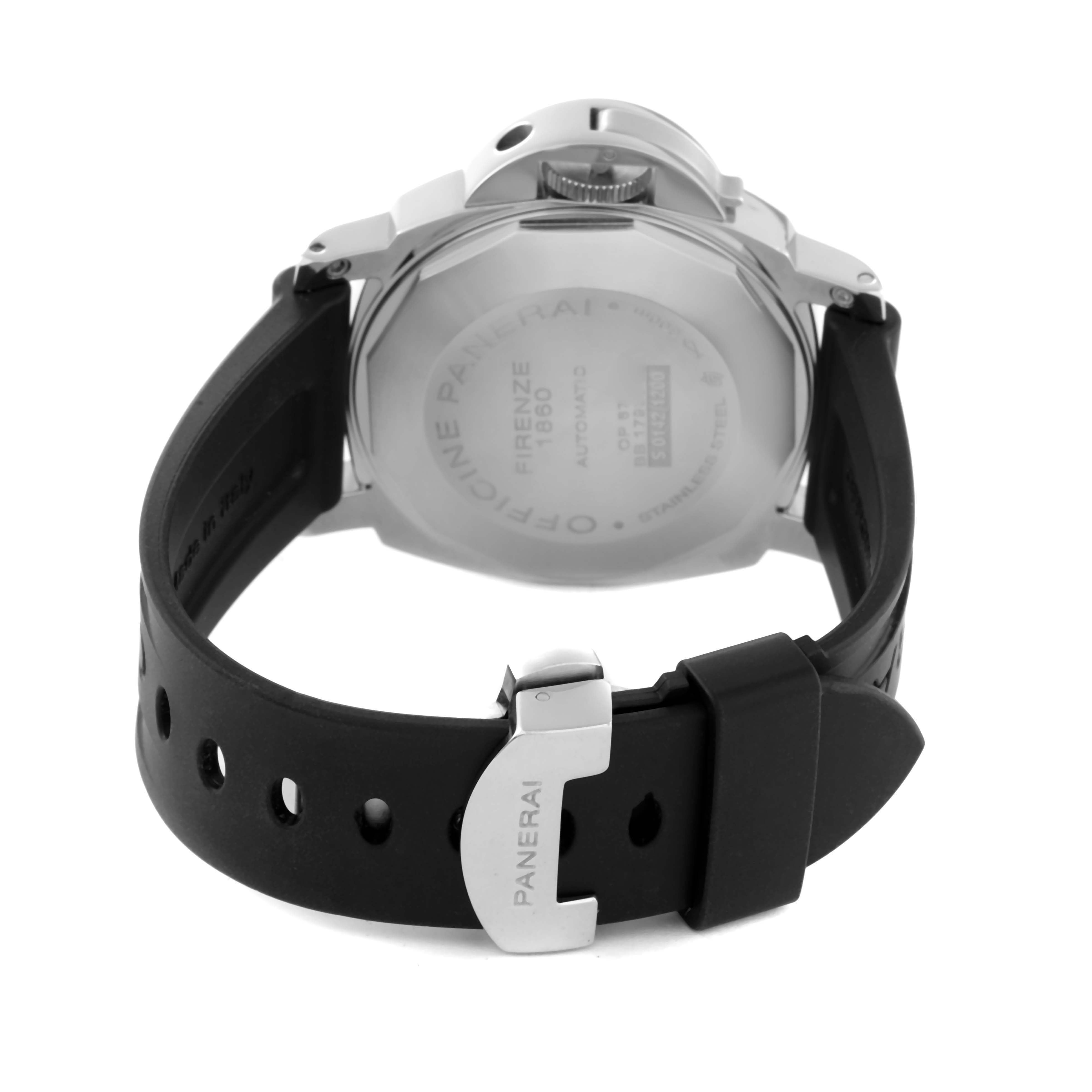 This image shows the back view of the Panerai Luminor PAM00088 Men
s Stainless Steel Black Dial PAM00088 Men
s Stainless Steel Black Dial watch, highlighting its case back and black strap with a buckle.