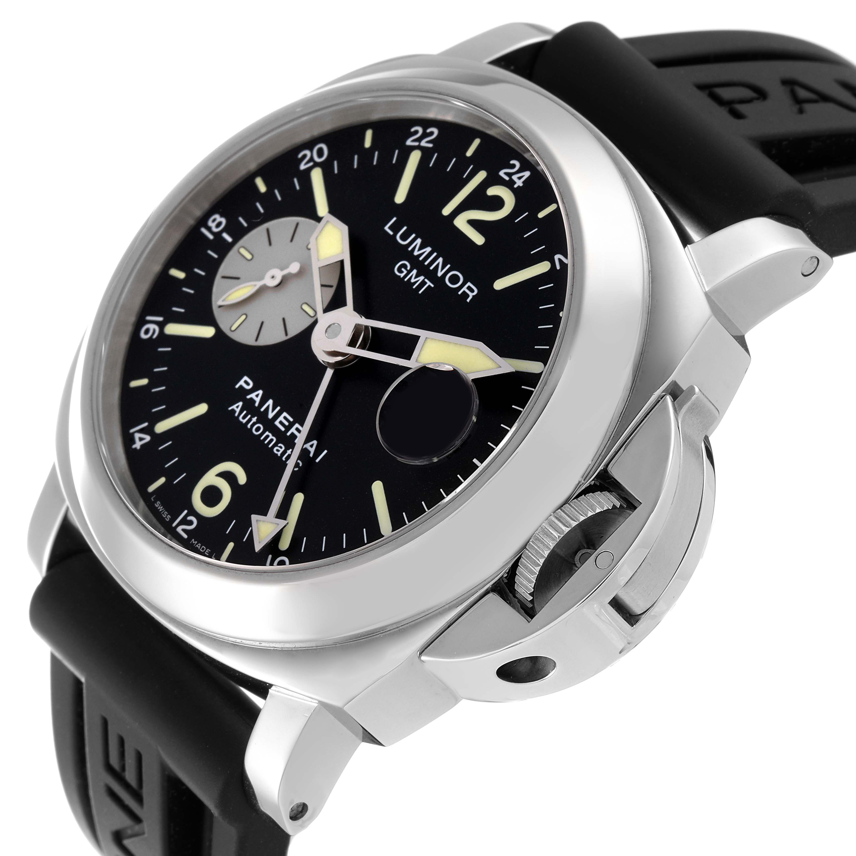 This image shows a close-up angle of the Panerai Luminor PAM00088 Men
s Stainless Steel Black Dial PAM00088 Men
s Stainless Steel Black Dial model, highlighting the watch face, bezel, crown guard, and strap.