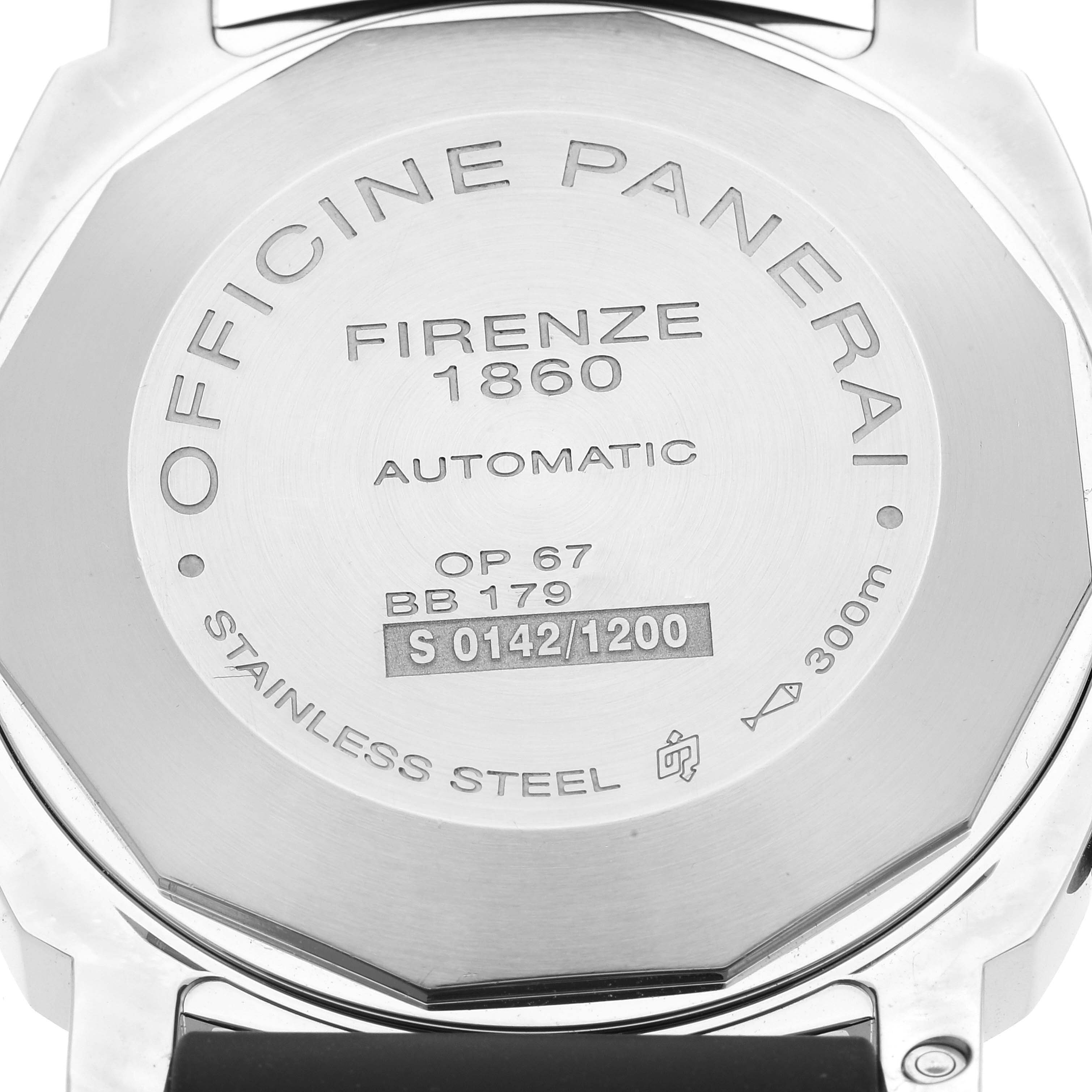 This image shows the back of a Panerai Luminor PAM00088 Men
s Stainless Steel Black Dial PAM00088 Men
s Stainless Steel Black Dial watch, featuring detailed engravings including model information and water resistance.