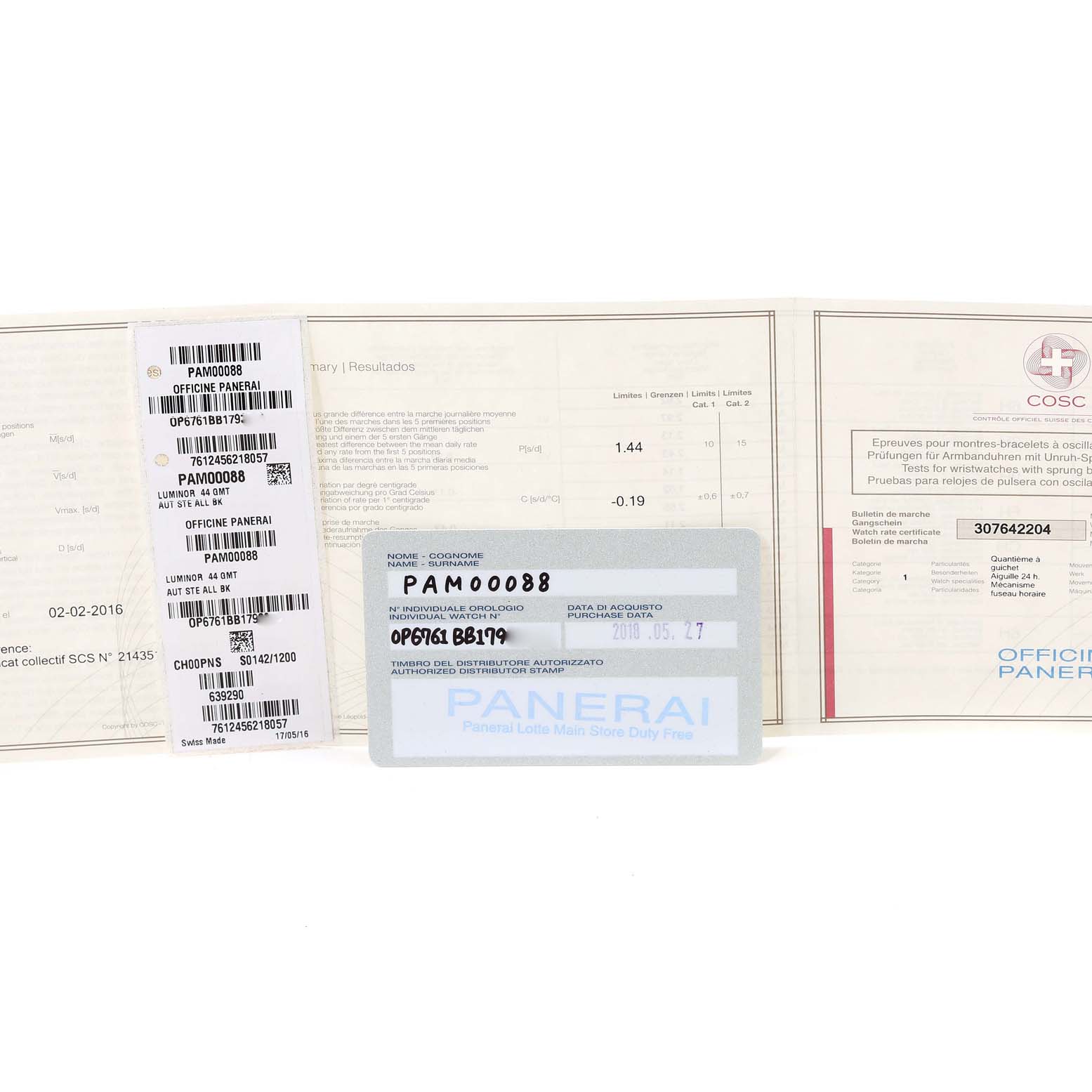 This image shows the warranty card and certification paperwork for the Panerai Luminor PAM00088 Men
s Stainless Steel Black Dial PAM00088 Men
s Stainless Steel Black Dial model watch.