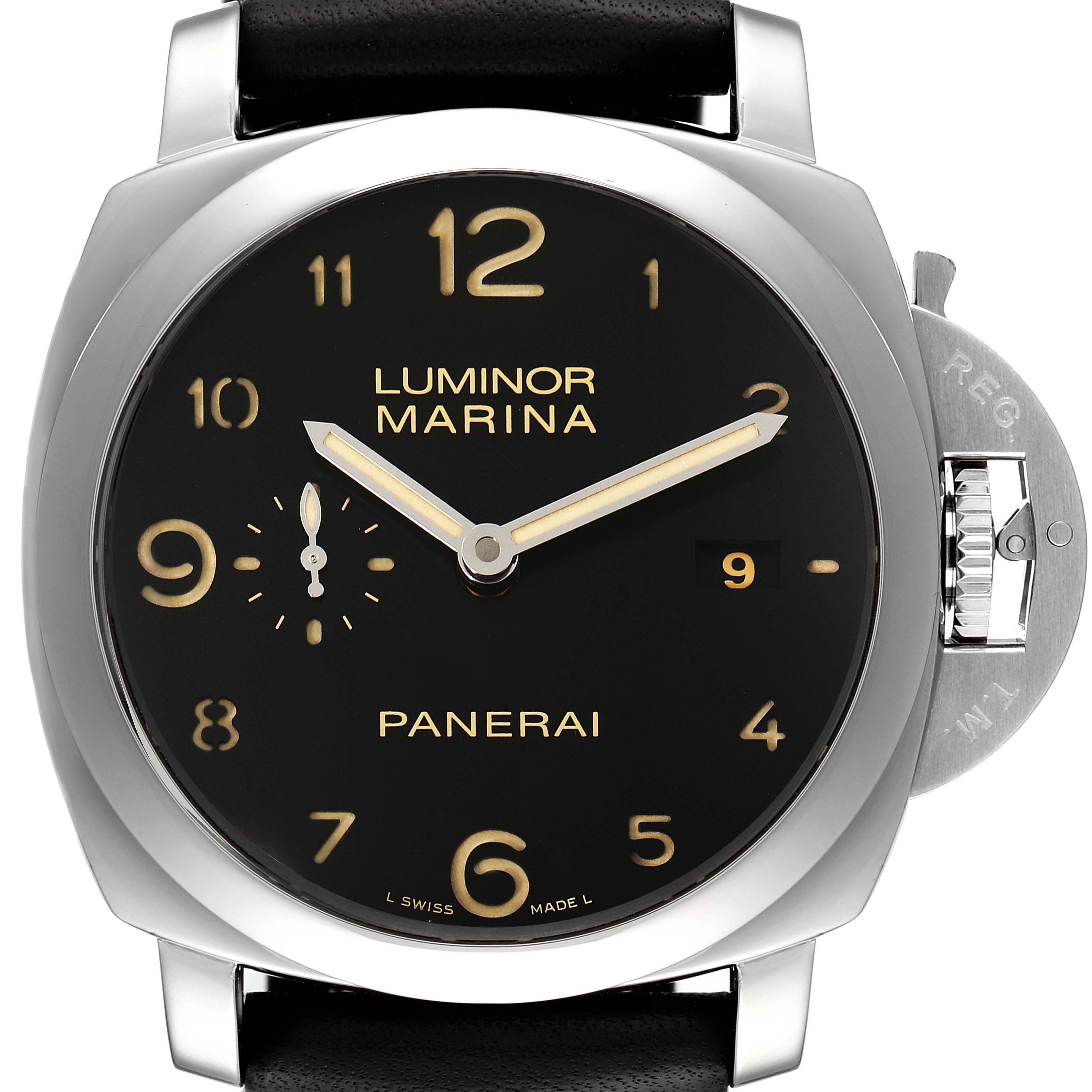 The image shows a front view of the Panerai Luminor PAM00359 Men's Stainless Steel Black Dial PAM00359 Men's Stainless Steel Black Dial Marina watch, highlighting its black dial, numerals, and crown guard mechanism.